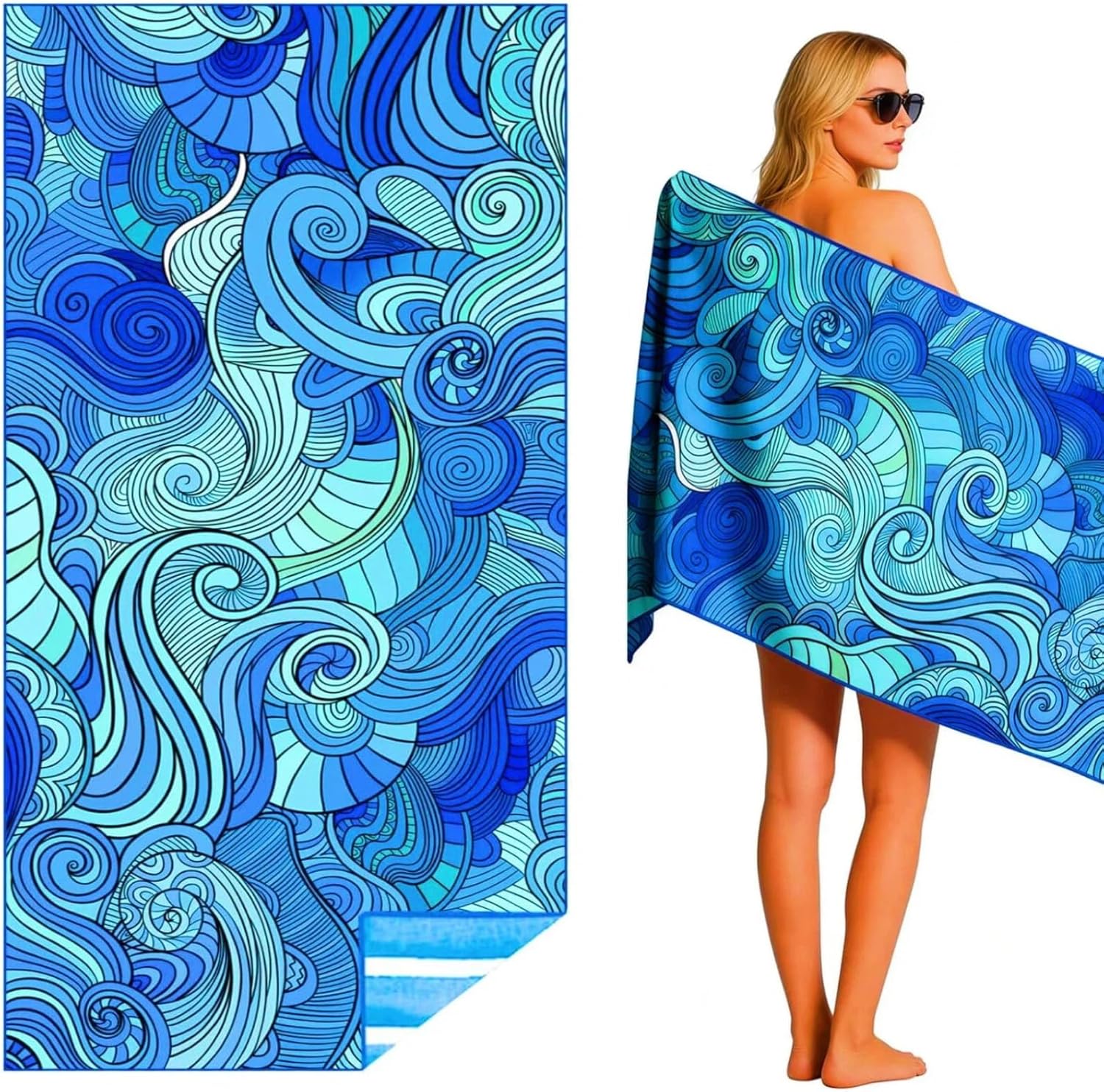 Puomue Microfiber Lightweight Beach Towel, 71 Inch X 32 Inch, Ultra Portable, Sand Free, Quick Dry, Thin and Large Size Towel for Travel, Camping, Swimming (Waves, 71“ X 32”)