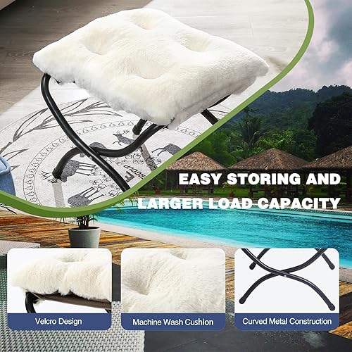 Miniatura 3 de Taburete otomano plegable de 15 pulgadas con marco de metal, reposapiés tapizado beige de piel sintética lavable para interiores y exteriores, sala