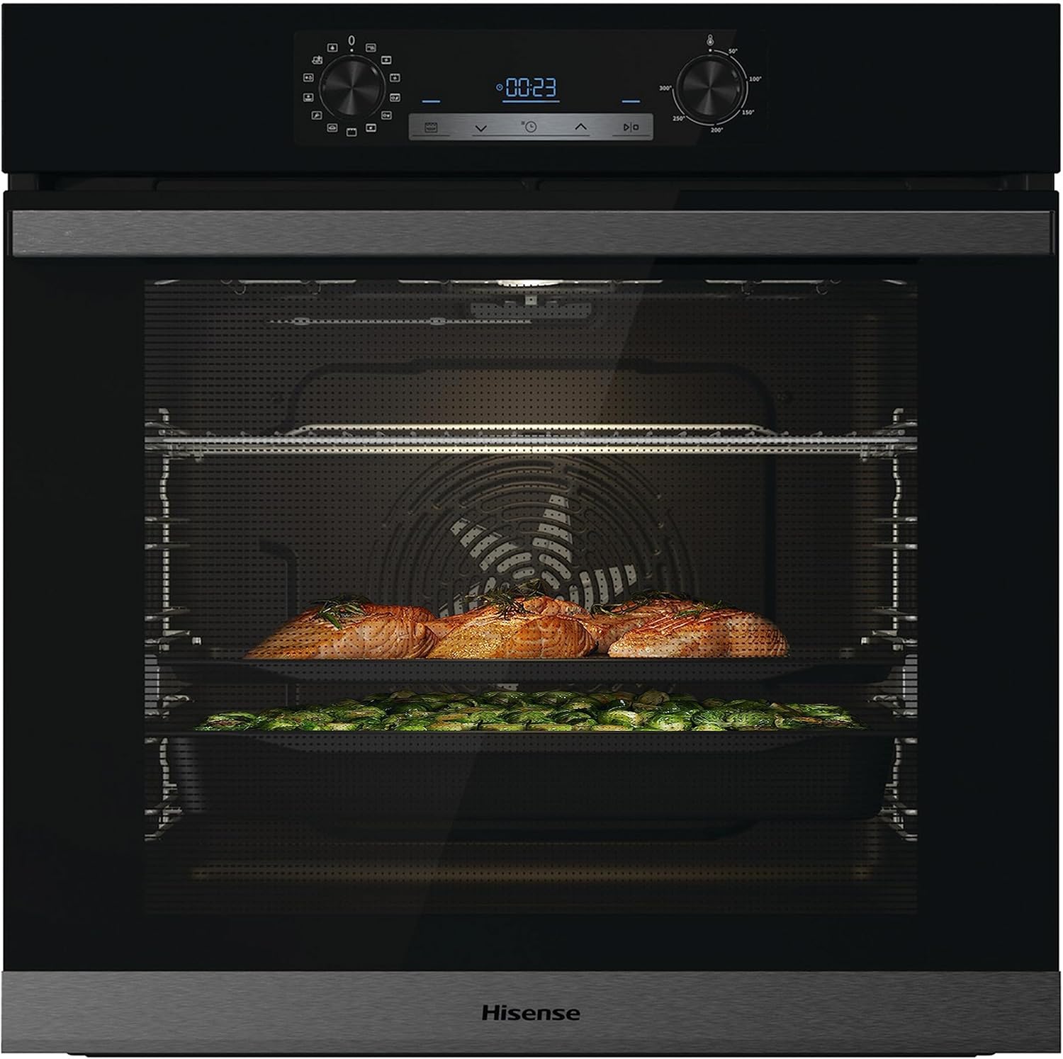 Hisense O65226ABS, Forno Elettrico da Incasso, Multifunzione Termoventilato con Vapore, Capienza XXL 77L, Pulizia AcquaClean, 13 Funzioni di Cottura (Pizza 300°C e AirFry), Nero [Classe di efficienza energetica A]