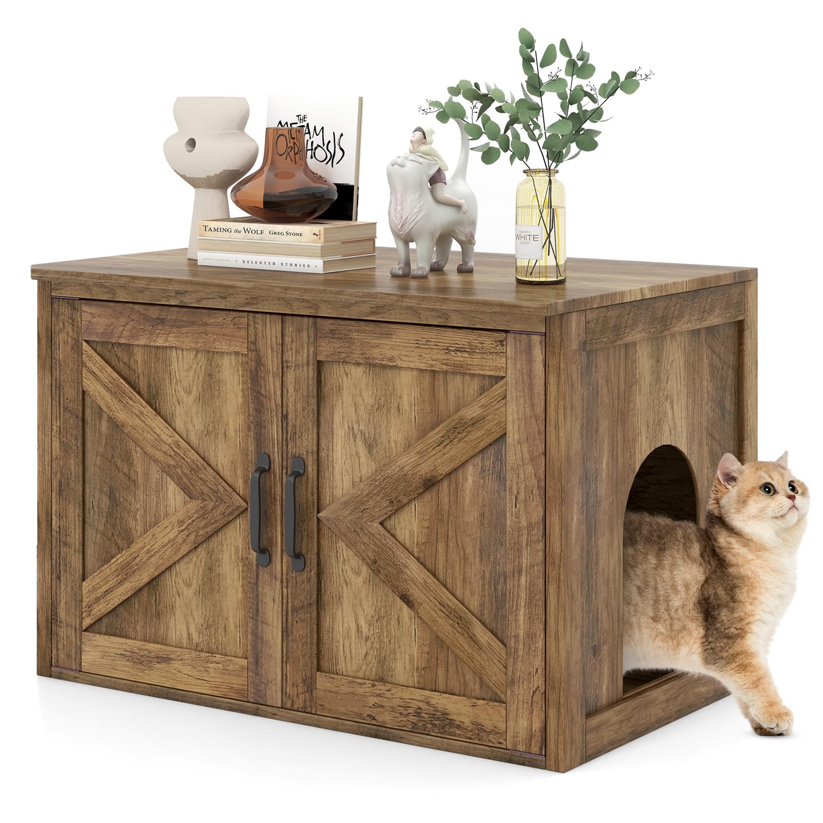 GOPLUS Cat Litter Box with Enclosure, Hidden Cat Bathroom Furniture with Countertop, Storage Cabinet, Pet Helper Table with Entry Hole, Oak