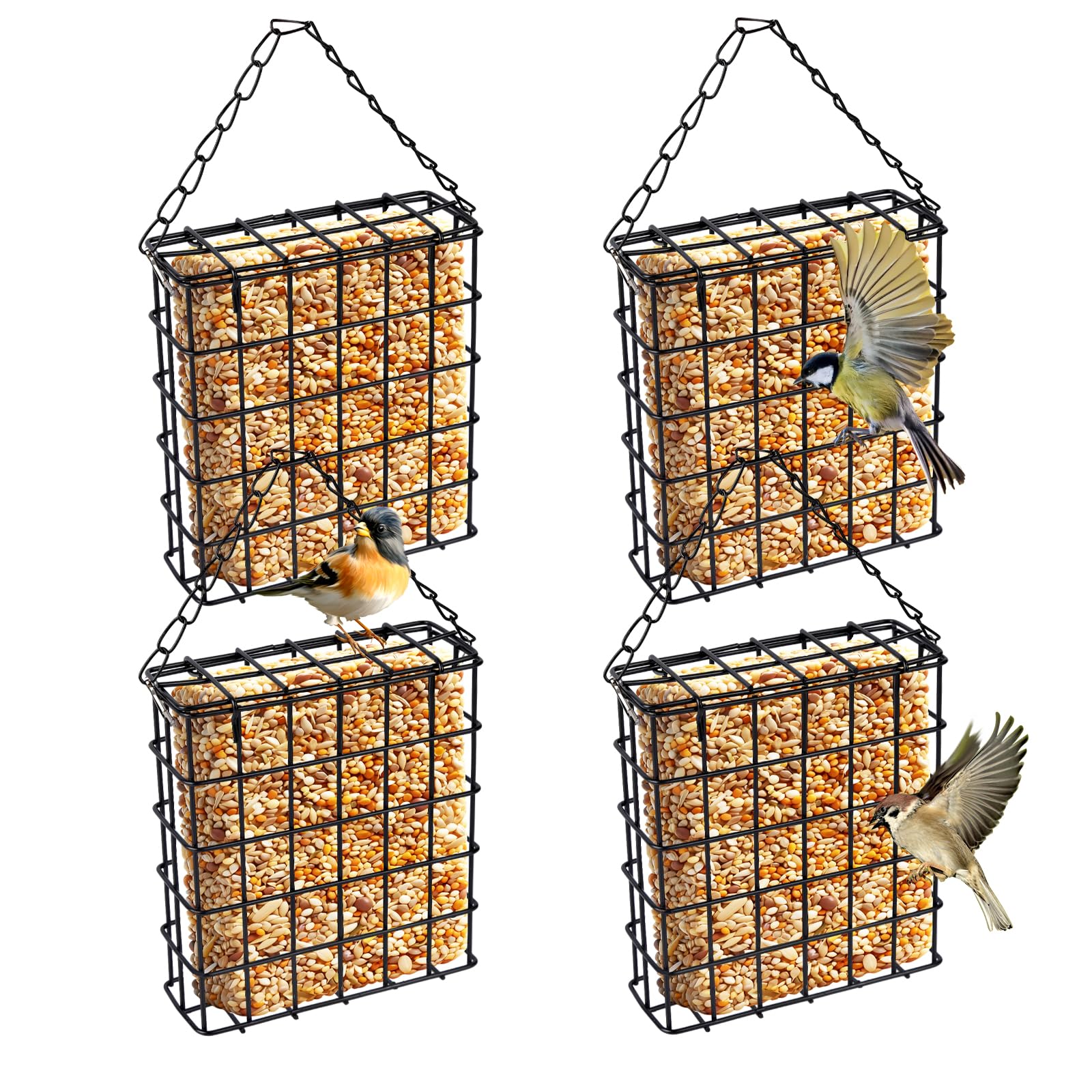 4 Pack Suet Bird Feeders for Outside, Hanging Wild Bird Feeder Cages, Single Suet Cake Capacity, Outdoor Garden Yard Decor