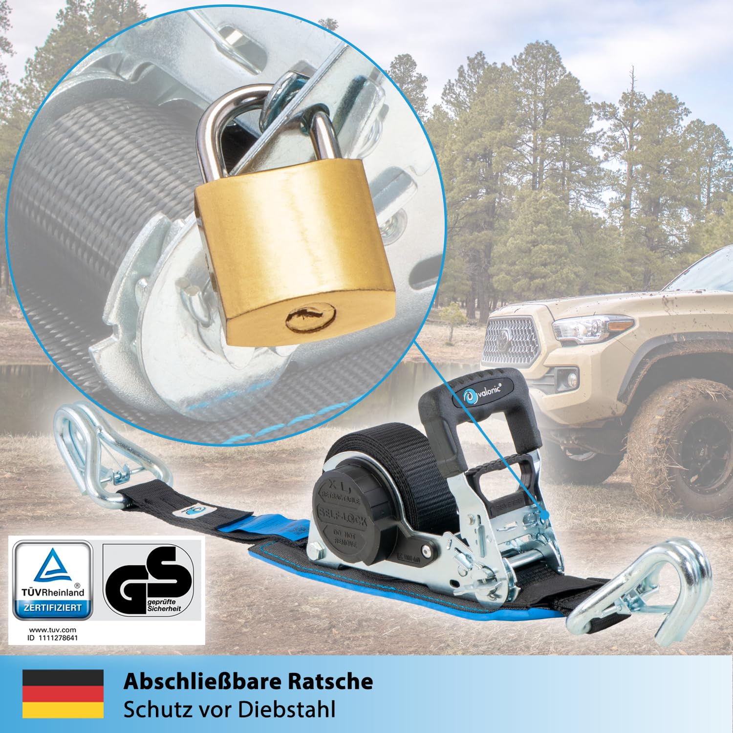 valonic Grizzly - 2X 5m XXL Automatik Spanngurt mit Haken, gepolstert, Blaue Fahne, 35mm, 800/1600Kg, TÜV Rheinl. / GS, EN 12195-2 - Spanngurte mit Ratsche, Zurrgurte für Motorrad, Auto, schwarz