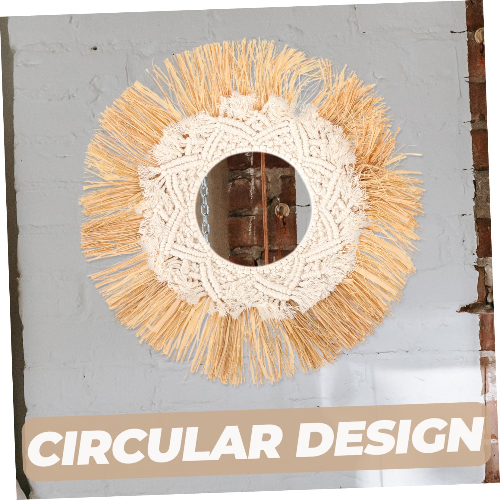 OUNONA Runder Hängespiegel im Boho Stil mit Raffia und Baumwollseil