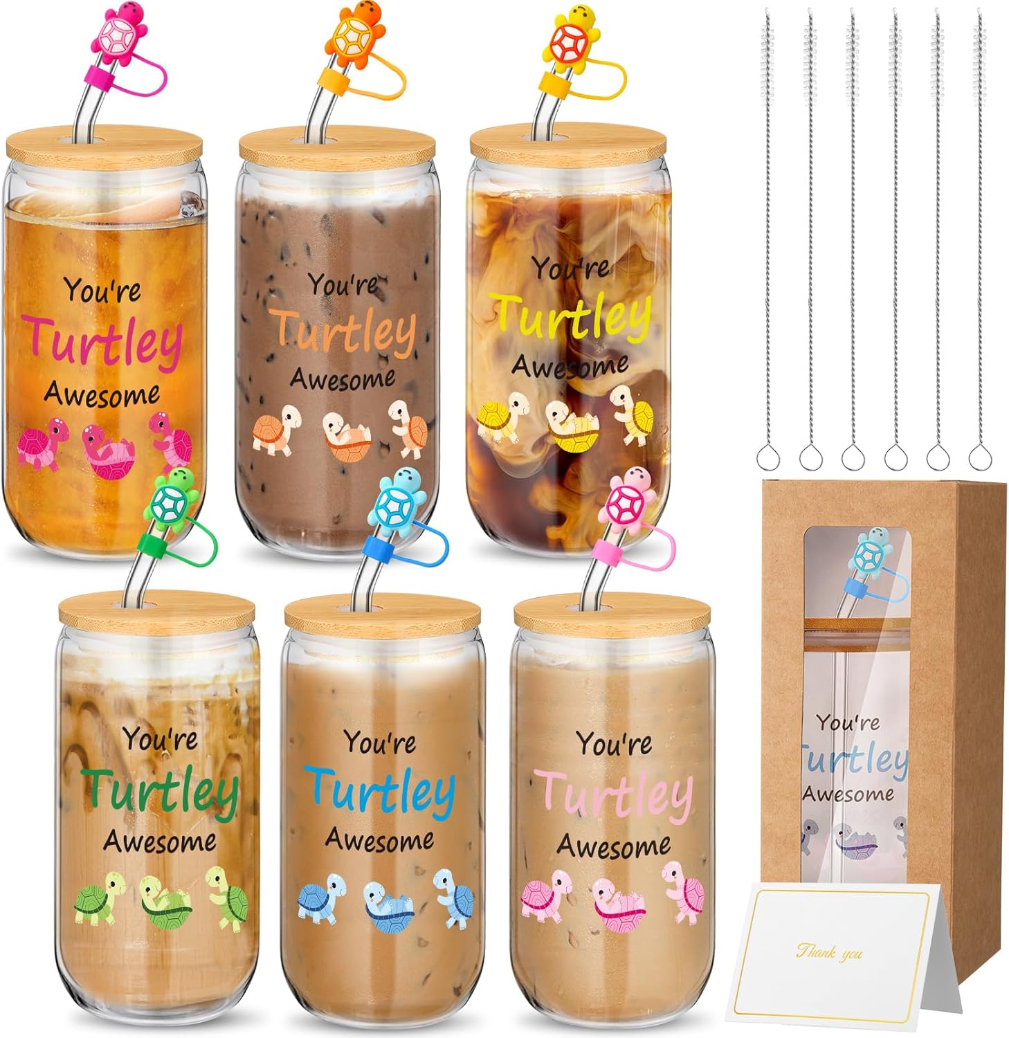 6 Sets You're Turtley Awesome Appreciation Gifts Valentine Day Gift 16 oz Glass Cups with Lids Straw Brush Present Box Straw Caps and Card Thank You Gift for Coworker Staff Team Employee Women