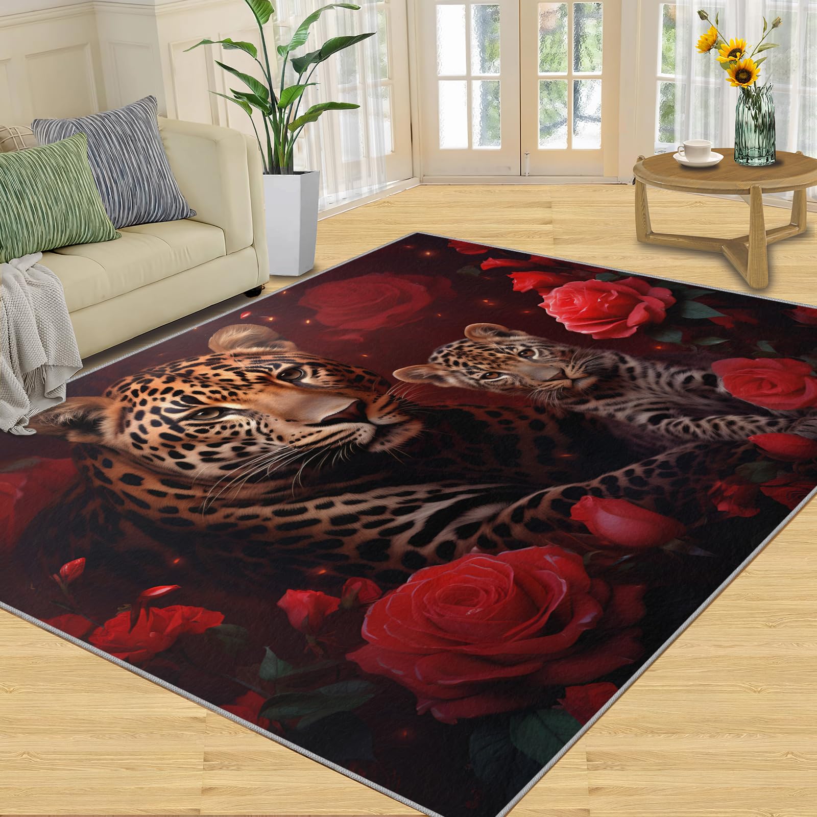 Cheetah Teppiche für Schlafzimmer, 80 x 120 cm, rote Rose, rutschfest, waschbar, Wildtier-Thema, für den Innenbereich, weiche Geräuschreduzierung, 3D-Tiere, Bodendekoration für Kinder