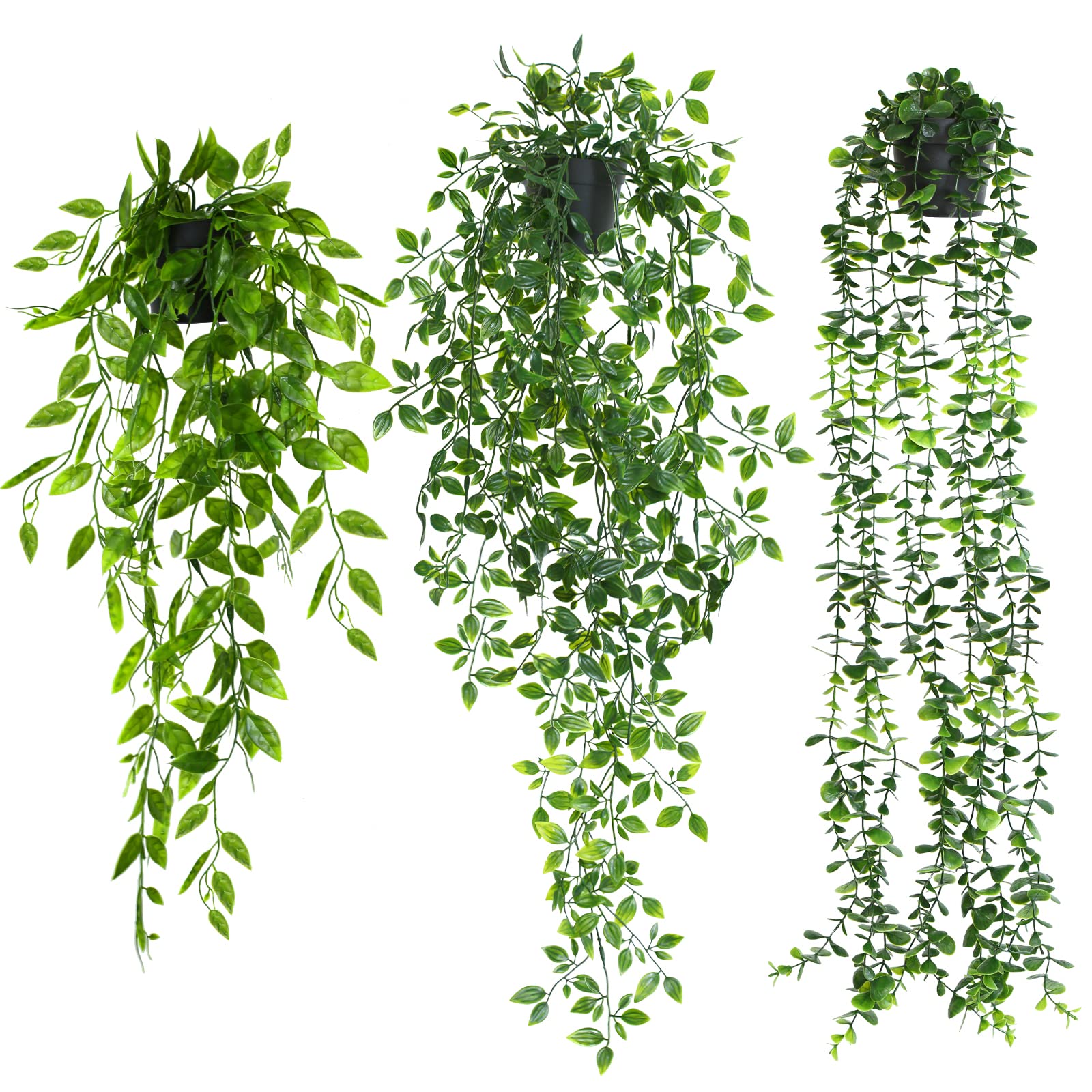 ELTNEGSA Fake Hanging Plants 3 Pack Artificial Hanging Plants Potted Greenery faux Eucalyptus Vine Mandala Vine Pea Pod for Home Room Wall Office Shelf Indoor Outdoor Bathroom Decor