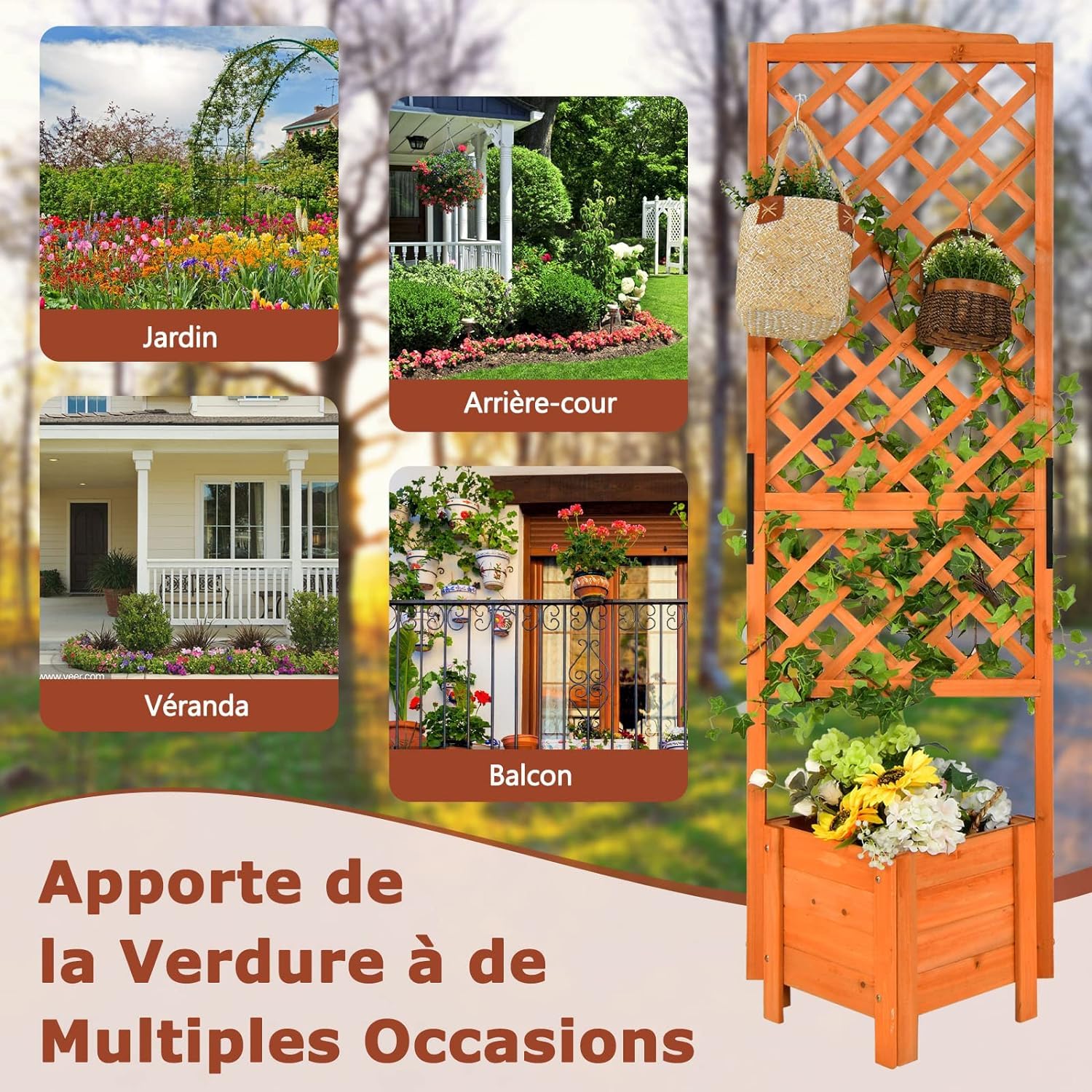 GOPLUS Jardinière avec Treillis 180CM en Bois, avec Trou de Drainage pour Plantes Grimpantes, Fleurs, Jardinière pour Cour, Jardin, Balcon, 54,5x54,5x180cm