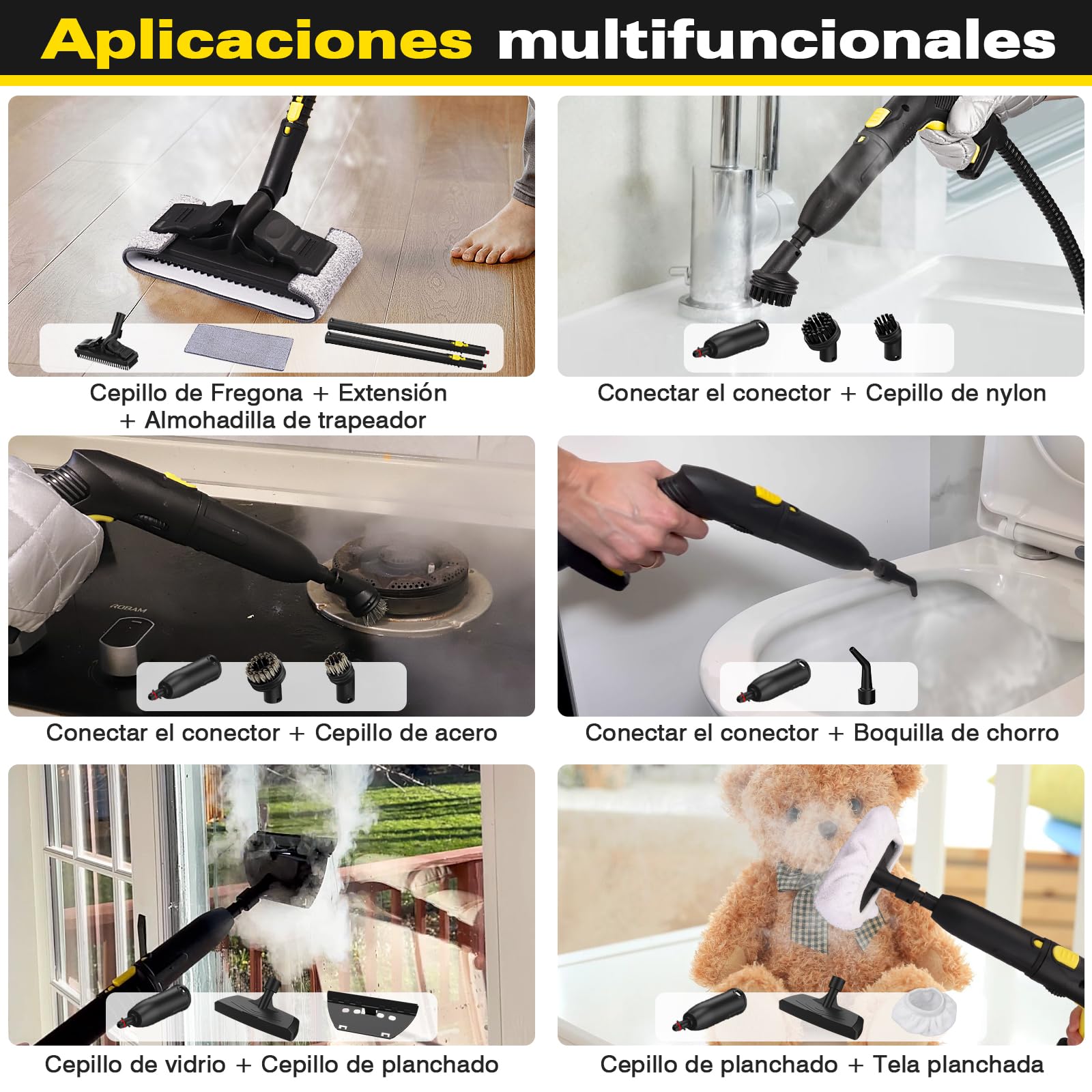 Limpiador a vapor con 23 accesorios y cable de alimentación de 5 m para la limpieza de estufas, alfombras, sofás, tapicería, juguetes y suelos lisos.