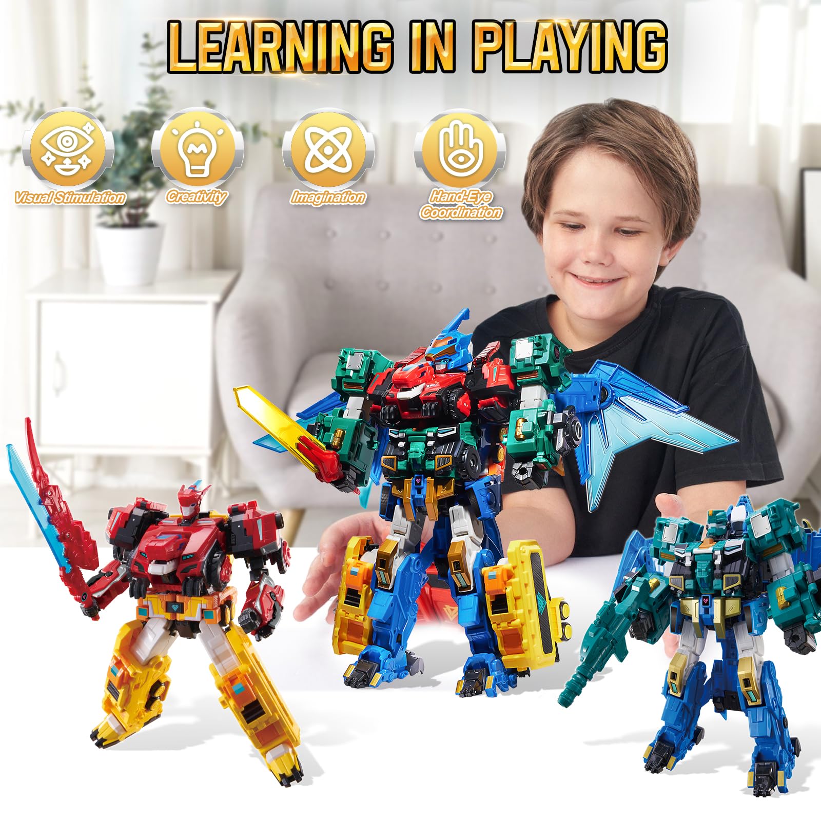 QUANTUM HEROES DINOSTER Mega Metatron 41cm – Robot 4-en-1, 5+ | 4-en-1: 4 vehículos, 4 dinosaurios o 4 robots (28cm). Combinables en mega robot (41cm). Sin pilas. 5-10 años