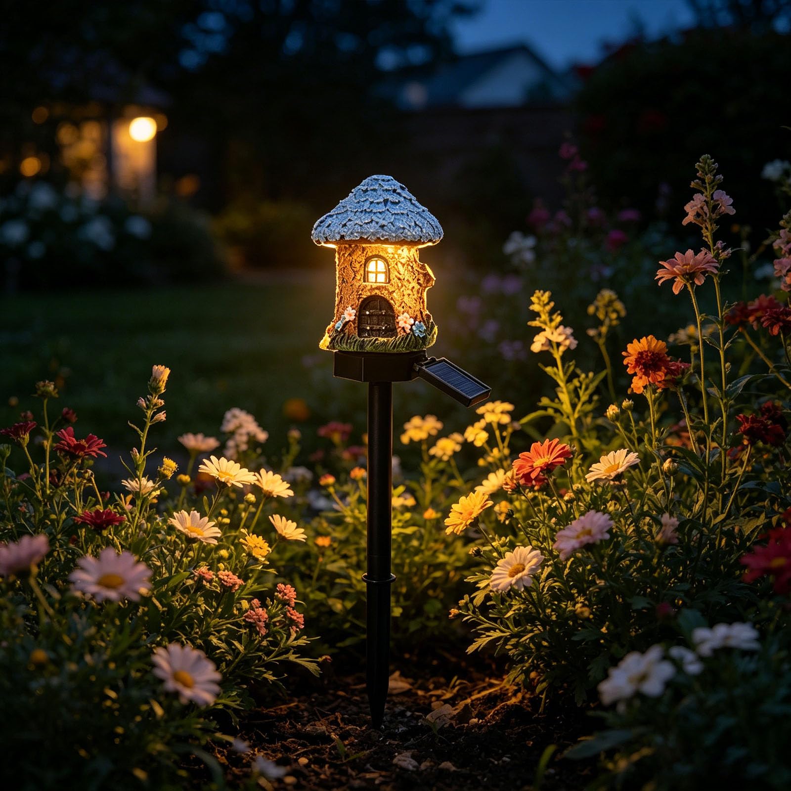Solar Fairy-Tale Mushroom House Lights, Resin Fairy Garden Lamp, Waterproof LED Outdoor Mushroom House Statue Lamp, Garden Stake Lights for Outside Lawn Walkway Patio Yard-Purple