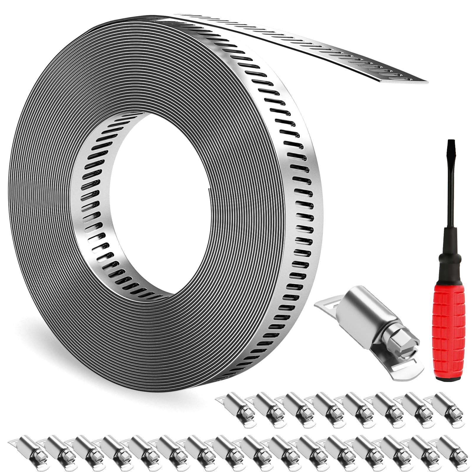 GASHER 32FT 304 Stainless Steel Hose Clamps DIY Kit, Metal Strapping with Holes + 25 Stronger Fasteners, Adjustable Pipe Worm Clamps, For Duct,