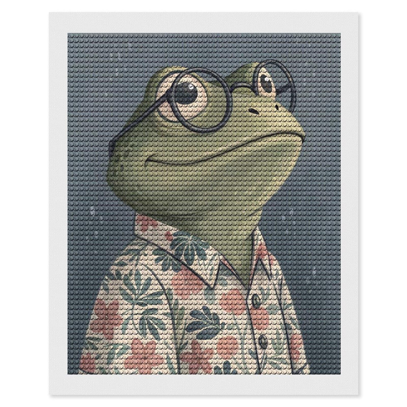 Junmoney Frog with Glasses and Floral Shirt Diamond Painting Canvas Kit 16"x20", Round Gems, Living Room Decor, Seasonal Gift Choice, Modern Decor