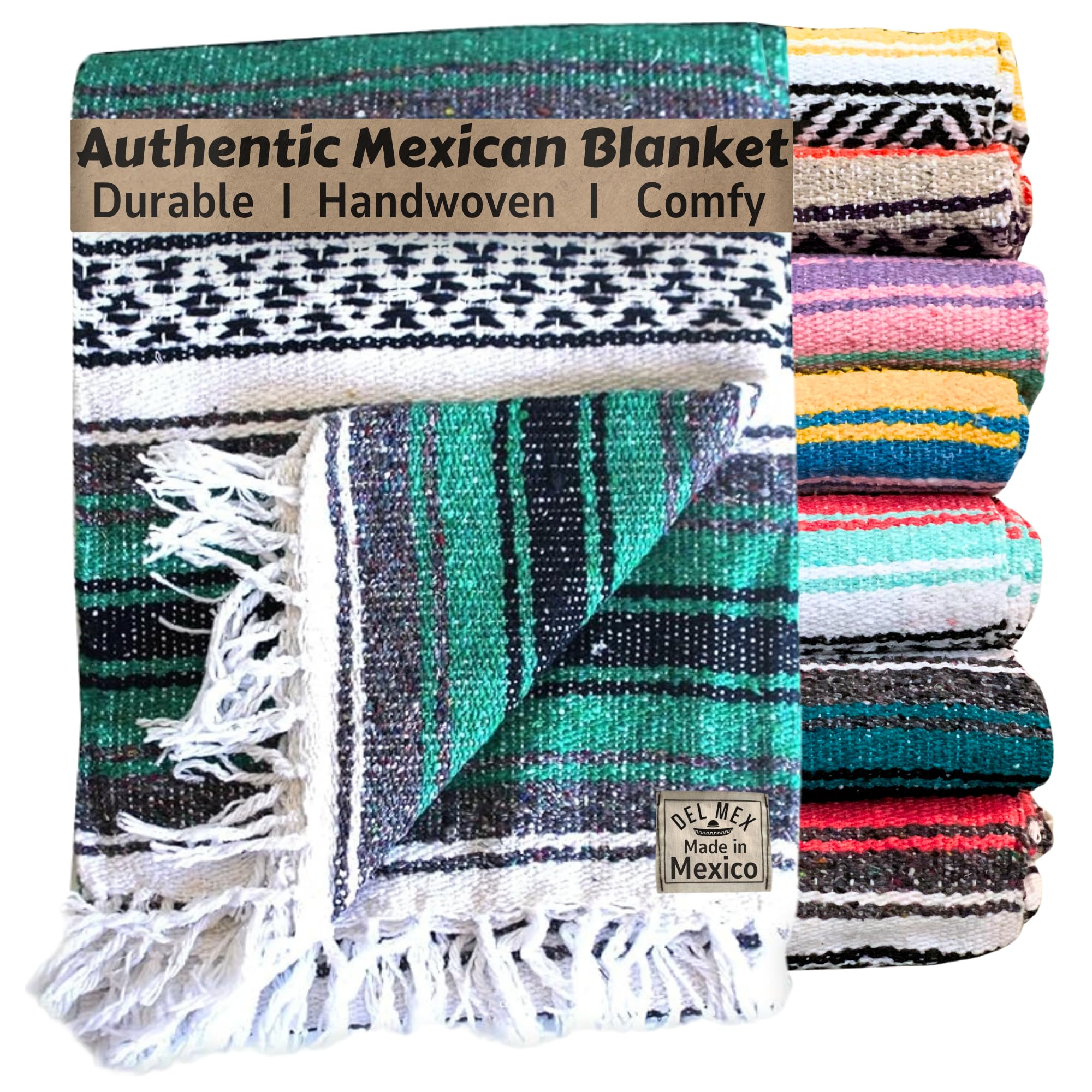 Del Mex Classic Mexican Blanket, Large Authentic Woven Falsa Throw (70"x50"), Artisan Southwest Décor for Beach, Yoga, Outdoors (Teal)