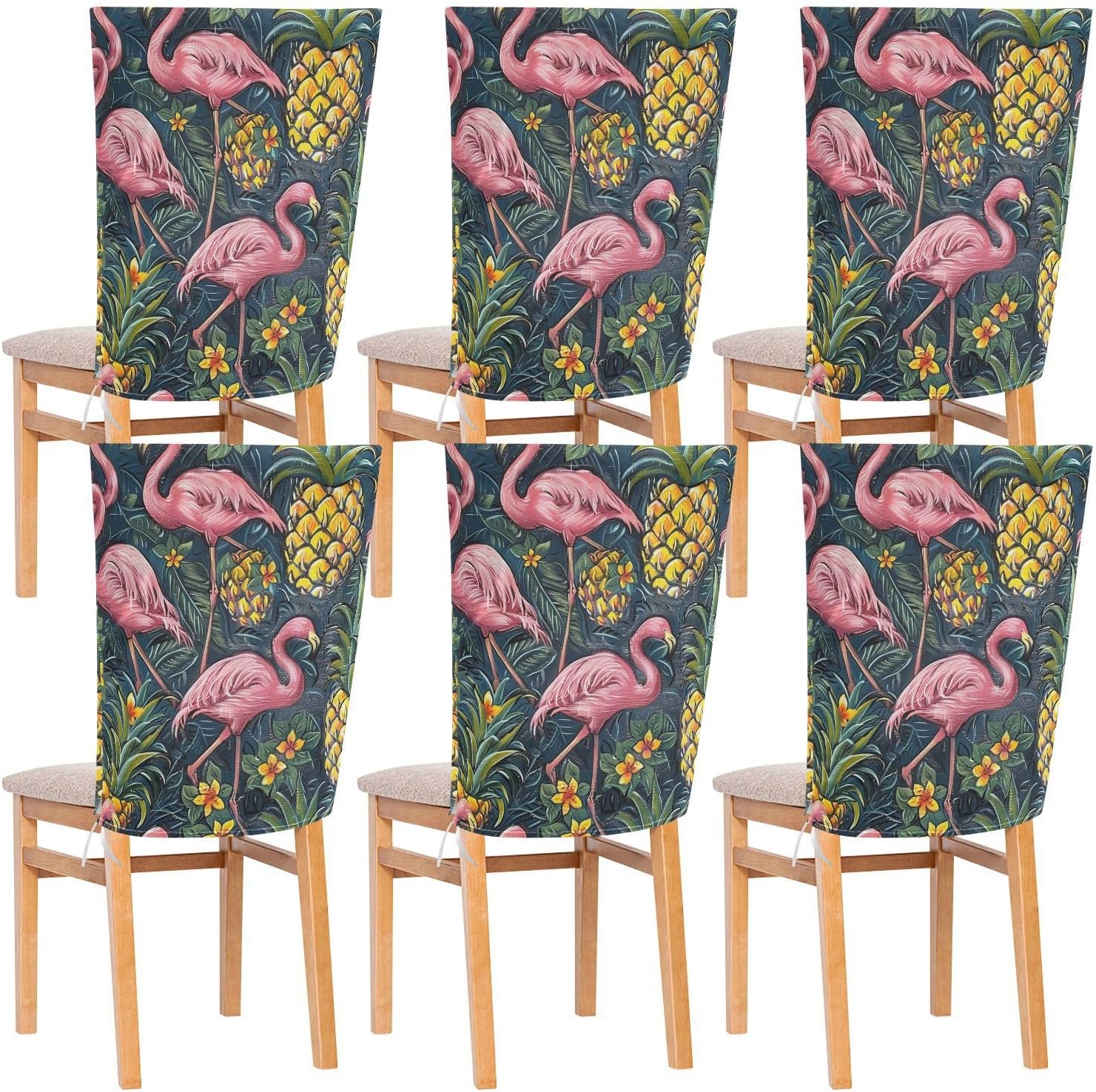 ALAZA Flamingo Pineapples Flowers Chair Back Cover Set of 6, Washable Reusable Removable Chair Slipcovers Decorative Chair Cover for Home Kitchen Wedding Party