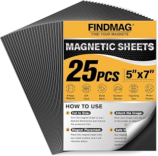 FINDMAG Magnetic Sheet, 5” x 7”, Pack of 25, Sticker Magnets for Die Storage, Flexible Magnet Sheets with Adhesive for Painting, Crafting, Card Making, Painting.