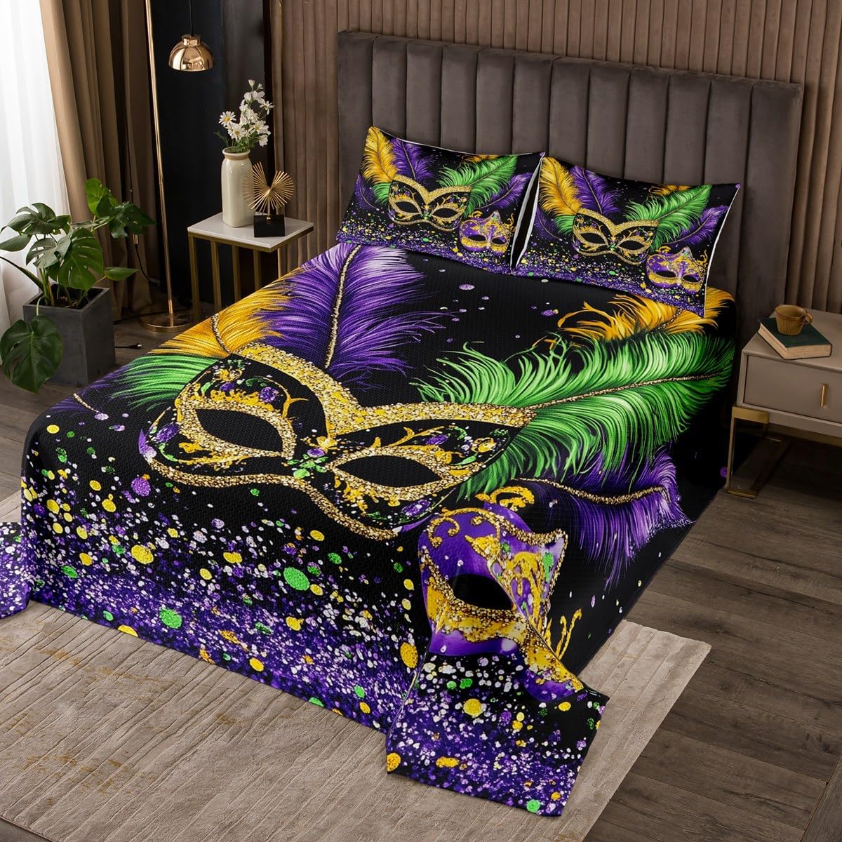 Erosebridal Mardi Gras Quilt Set Carnival Mask Fleur De Lis King Coverlet Set, Happy Masquerade Party Bedspread for Boys Girls New Orleans Brazi Carnival Decoration Quilts for Bedroom