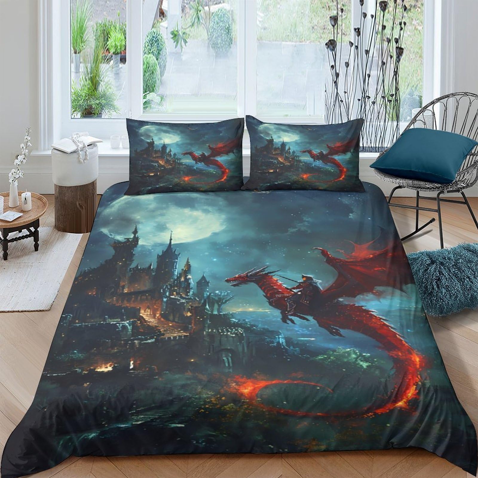 Ctjqhvkz Style-10 3D Printed Red Dragon Castle Fitted Sheet Microfiber Soft Breathable Fantasy Mattress Cover For Bedroom Decor Single（135X200cm）