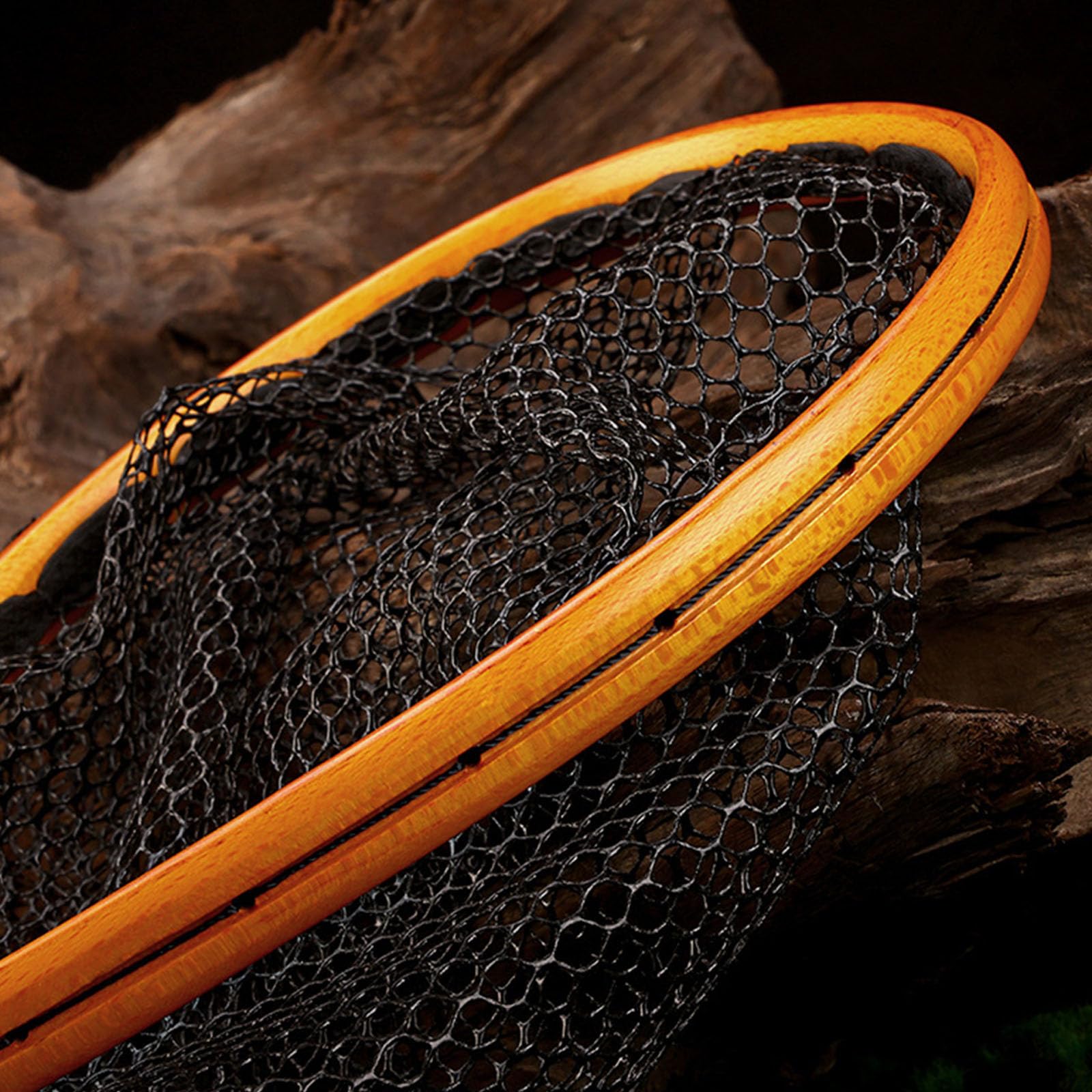 Retino da pesca curvo con manico in legno, design a maglie che protegge i pesci, compatta rete da pesca per pescatori, flussi, pesca