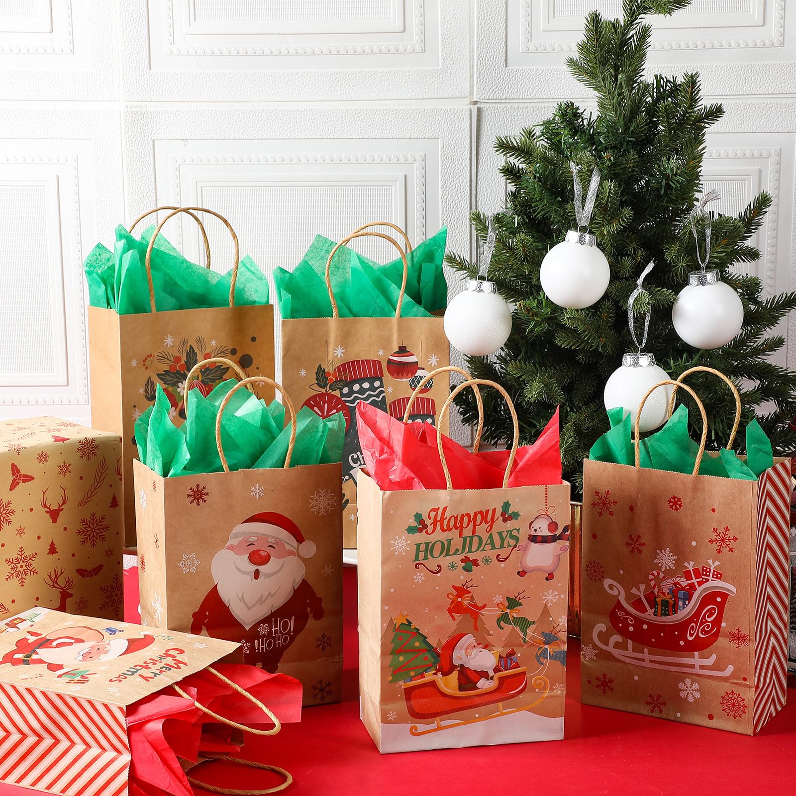 Cholemy 100 bolsas de regalo de Navidad con varios estampados de Navidad, bolsas de regalo de Navidad con asas, bolsas de papel de regalo de Navidad para envolver vacaciones de Navidad (estilo fresco,