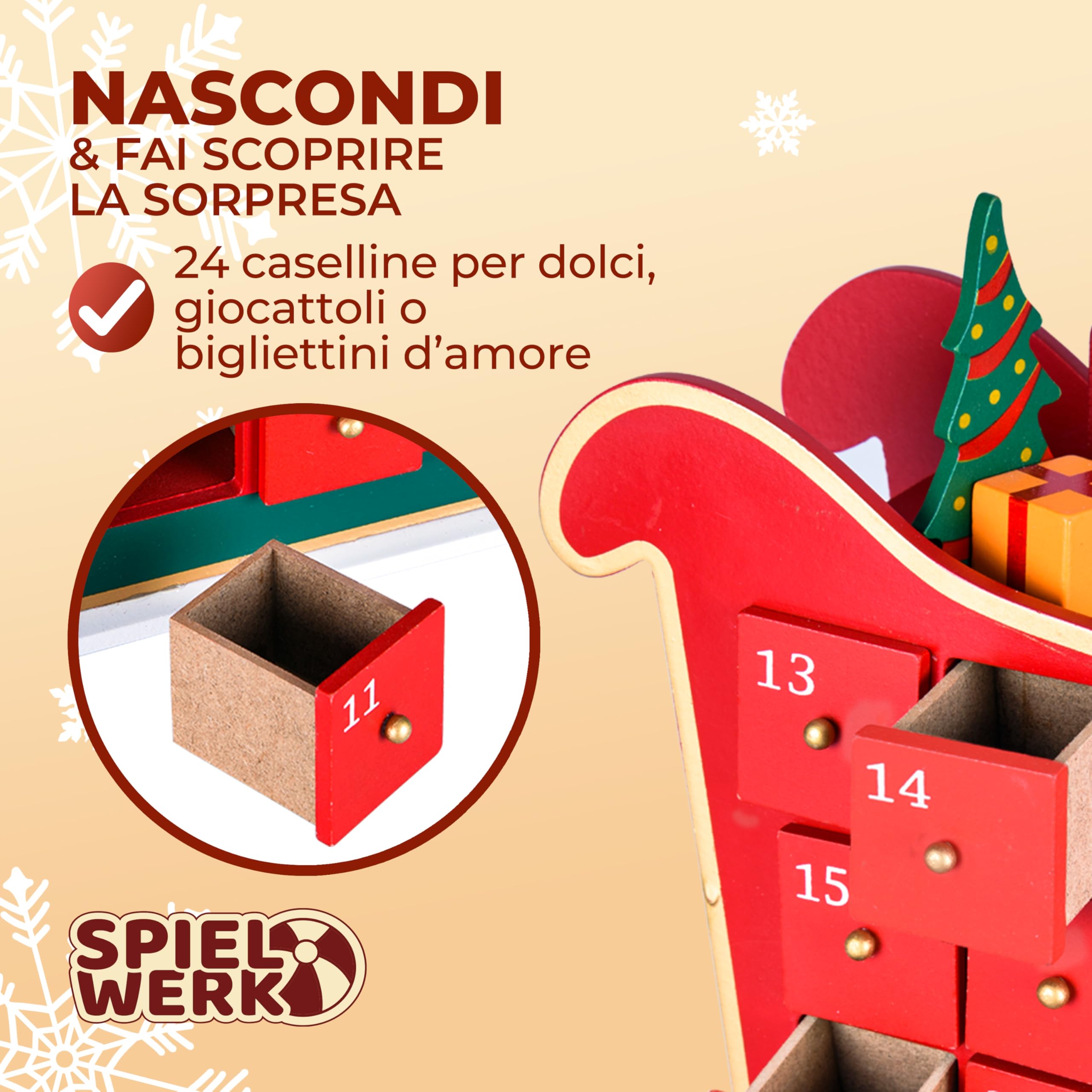 Spielwerk® Calendario dell' Avvento Riutilizzabile in Legno Babbo Natale con Slitta Decorazione Natalizia da Riempire