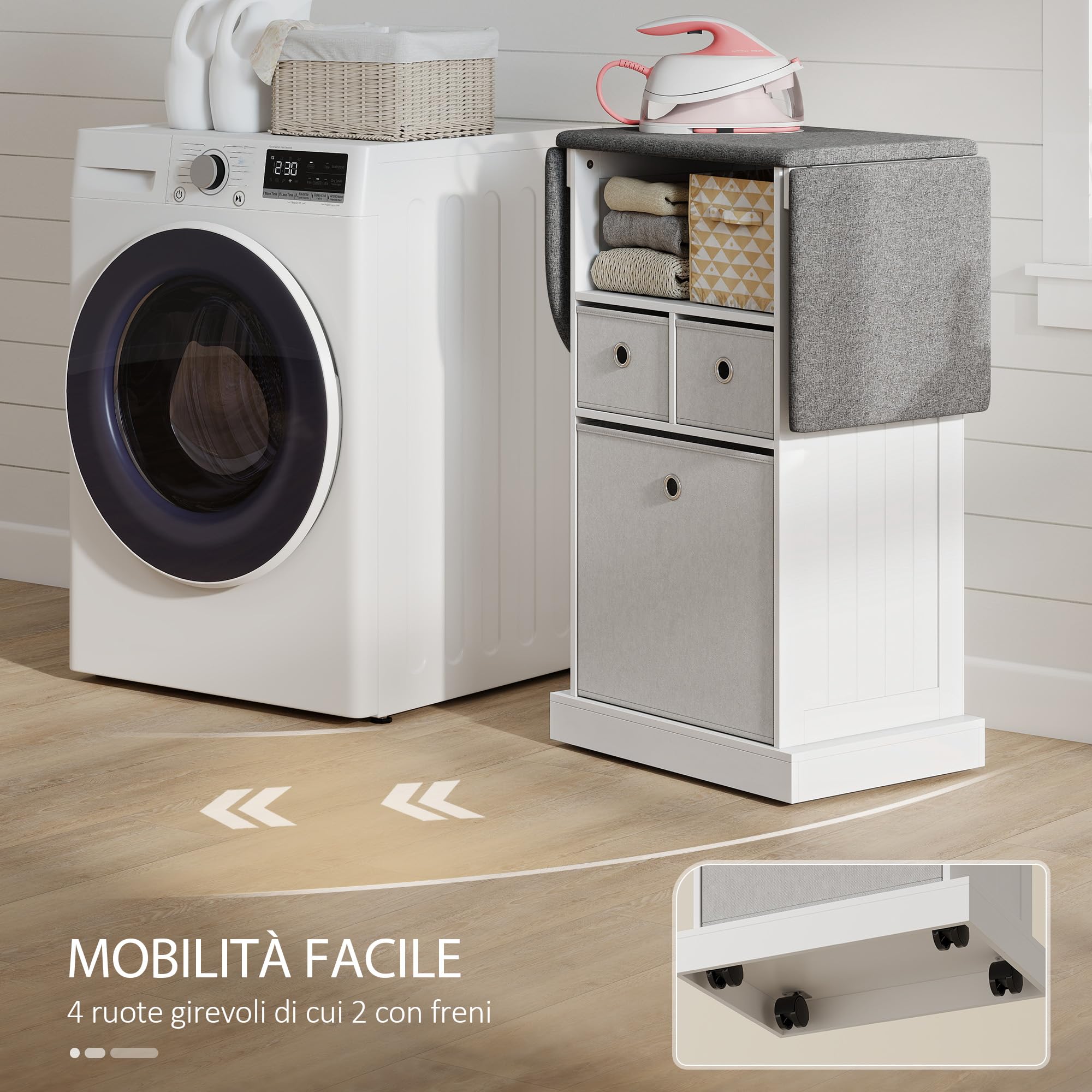 HOMCOM Mobile Asse da Stiro Pieghevole Salvaspazio, Mobile da Stiro Multiuso con 3 Cassetti in Tessuto Effetto Lino, Ruote a Freno, Ripiano Aperto, per Lavanderia e Bagno, 121x37x89.5 cm, Bianco