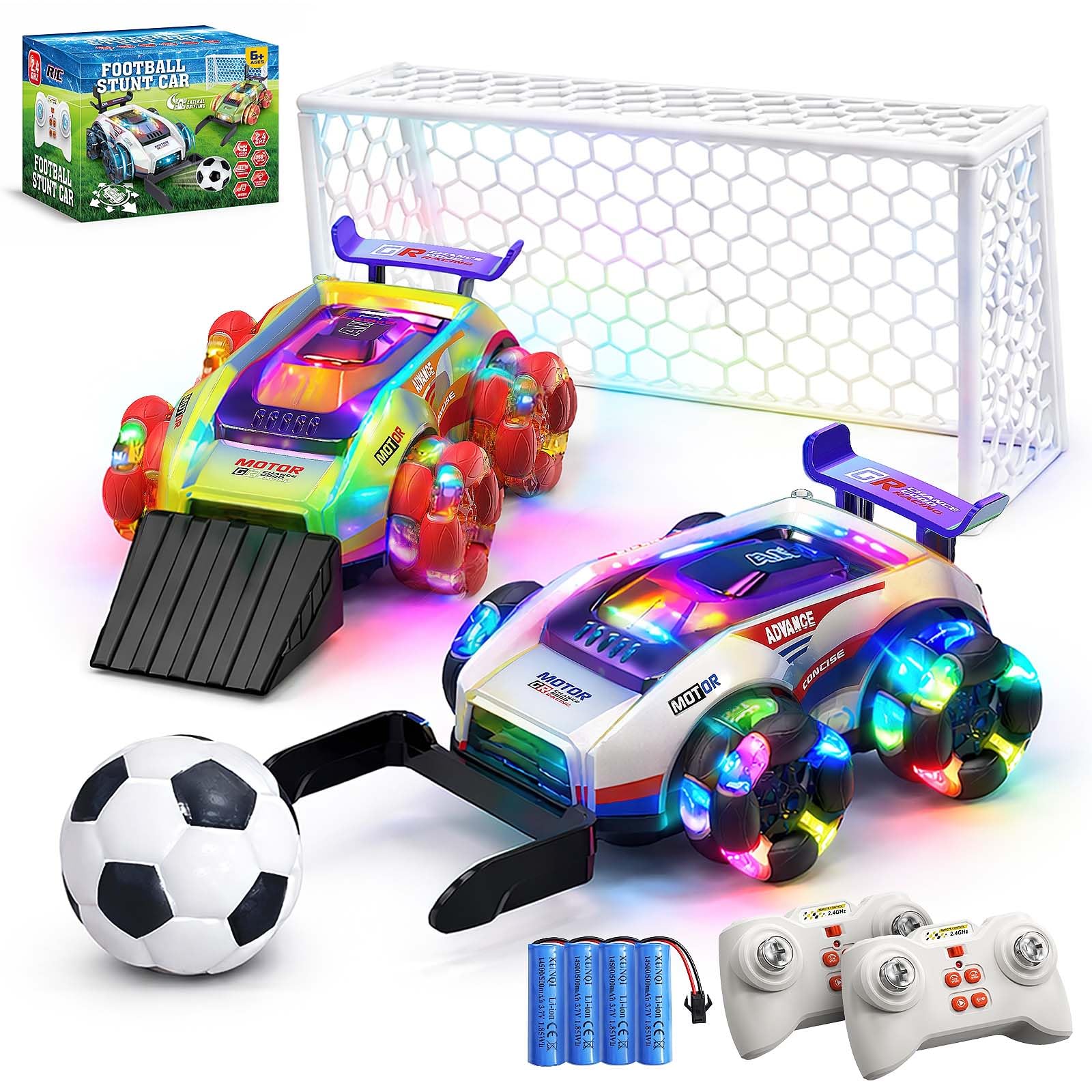 YESHIN Remote Control Football Stunt Car Set, World Cup 2026 Soccer RC Car Toy with LED Lights & Music, Goal & Ball, Dual Player Battle 360° Drift Wheels RC Car Gift for Boys Girls Age 6+ (2 Pack)