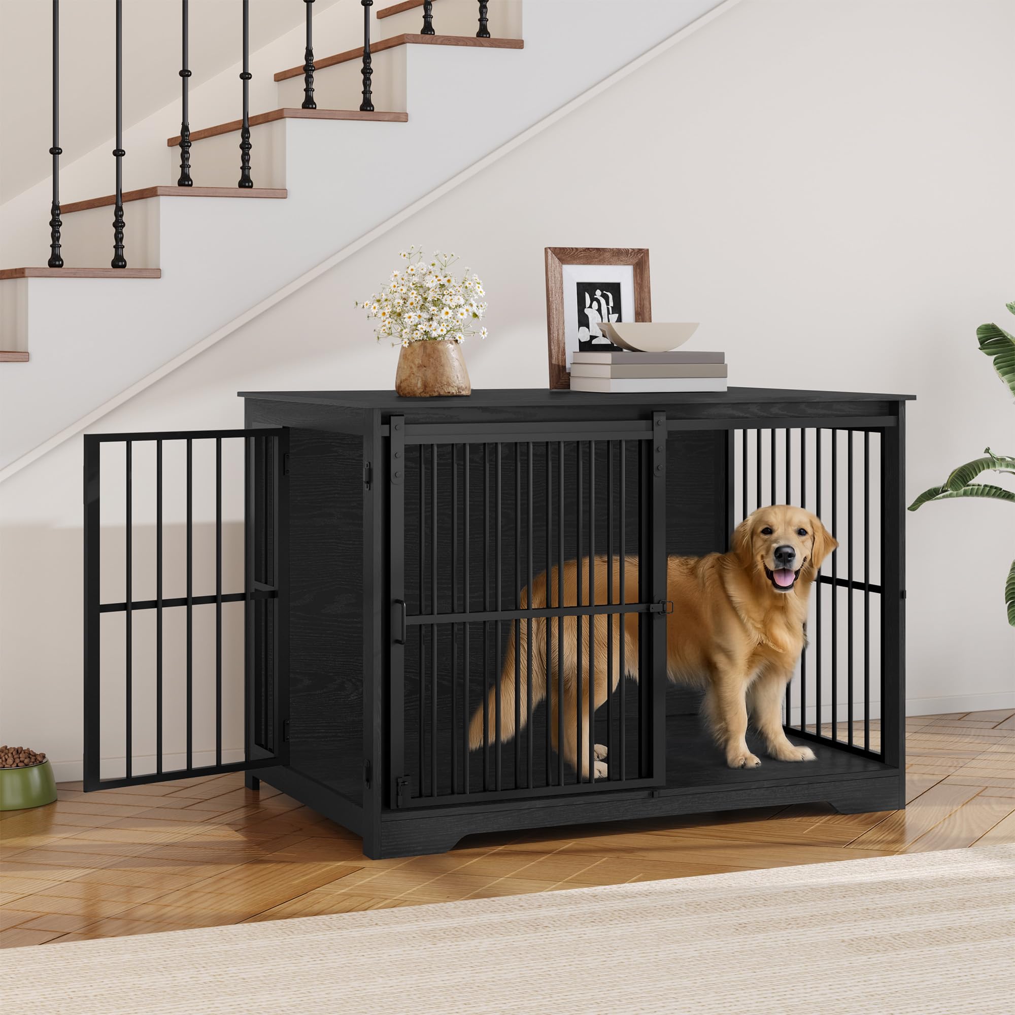 Hzuaneri 110cm Cage pour Chiens, Table d’Appoint, Niche Moderne pour Chiens, Cage pour Chiots, Maisonnette pour Animaux, 2 Portes, 110 × 65 × 81 cm, Noire DFC84404B