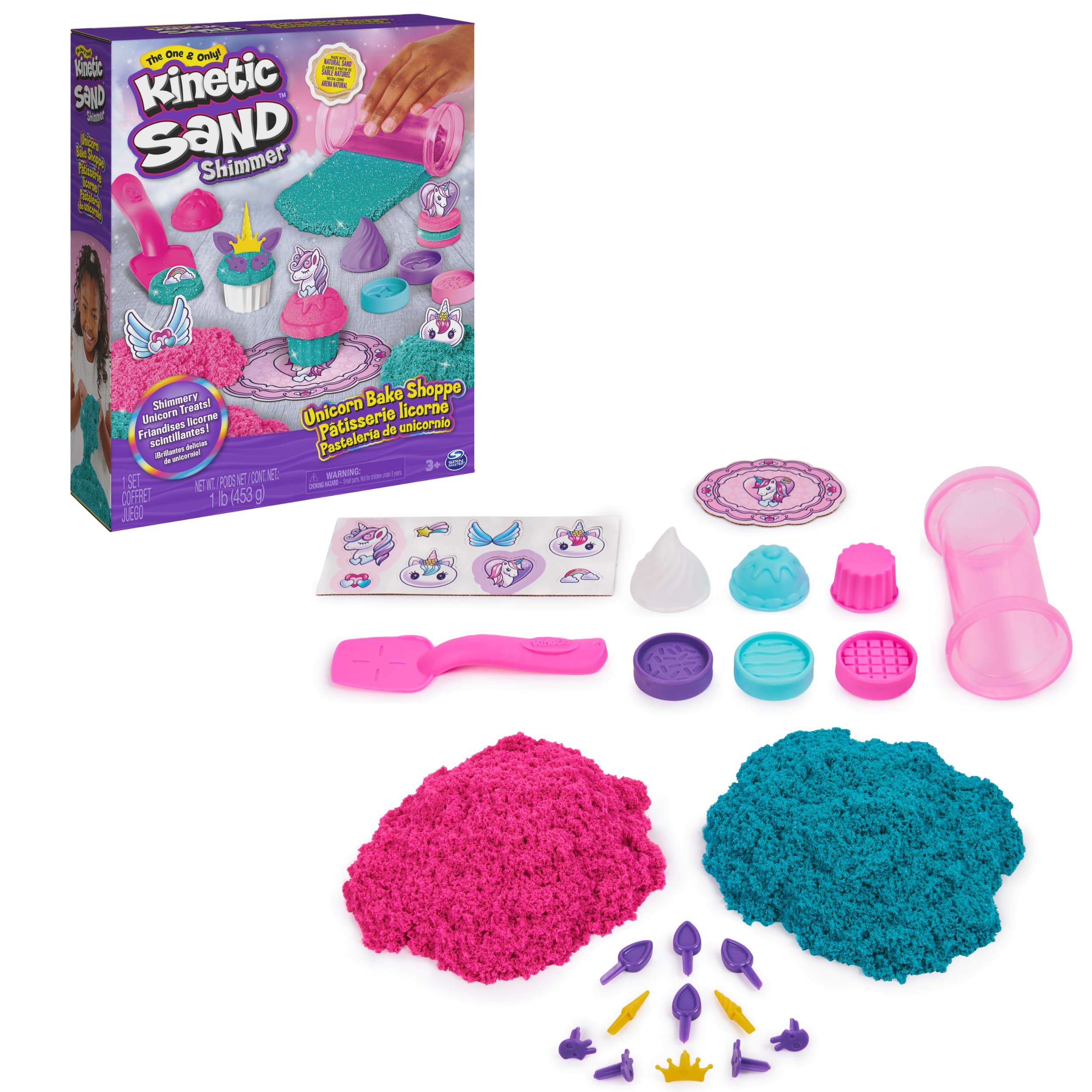 Kinetic Sand Shimmer, Set di Gioco Laboratorio di Pasticceria Unicorni, 453 g di Sabbia Cinetica, Verde Acqua Luccicante e Rosa, 8 Attrezzi Unicorno, Giocattoli Sensoriali per Bambini, 3+ Anni