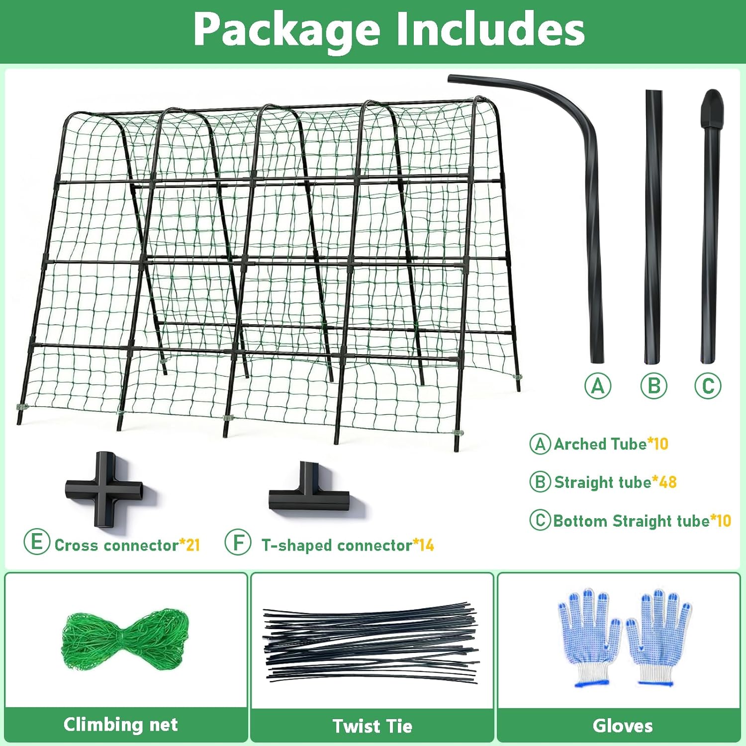 Garden Arch Trellis for Climbing Plants, Plastic-Coated Steel Trellis with Easy-Connect System, Includes Net, Ties & Gloves, Outdoor Plant Support for Vegetables (63" L x 63" H)
