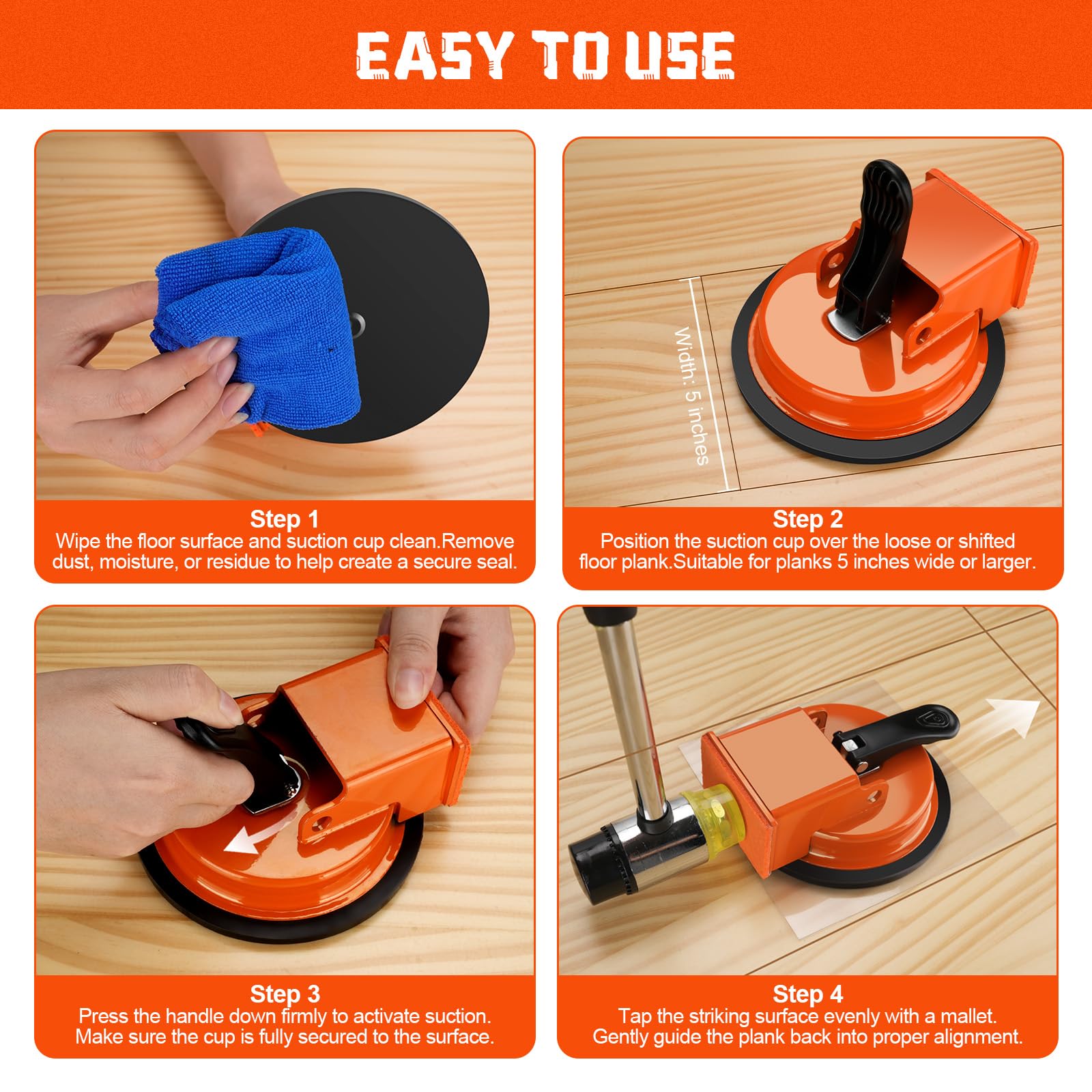 Floor Gap Fixer Tool Kit to Close Floor Gaps, Suction Cup Gap Puller with 5 Reusable Sticky Pads & Rubber Mallet, Heavy Duty Repair Tool, Laminate Flooring Tools, Vinyl Floor Repair Kit, Gap Tool - 3