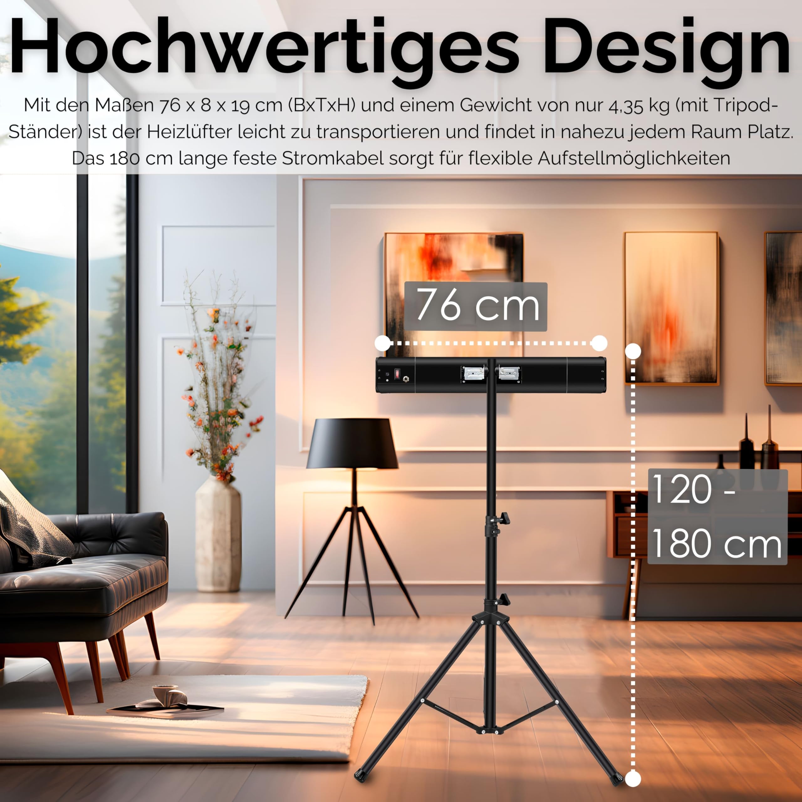 Echos® Karbon Infrarot Heizstrahler 1500W langlebiges Carbon-Heizelement – Terrassenheizer elektrisch für Balkon, Wintergarten & Innenbereich, Standfuß oder Wandmontage, 3 Stufen, Timer, Fernbedienung