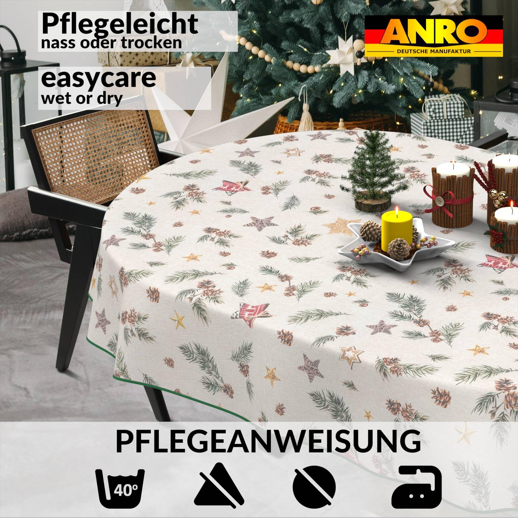 ANRO Tischdecke abwaschbar Weihnachten Stern mit Saum oval 180x140 cm