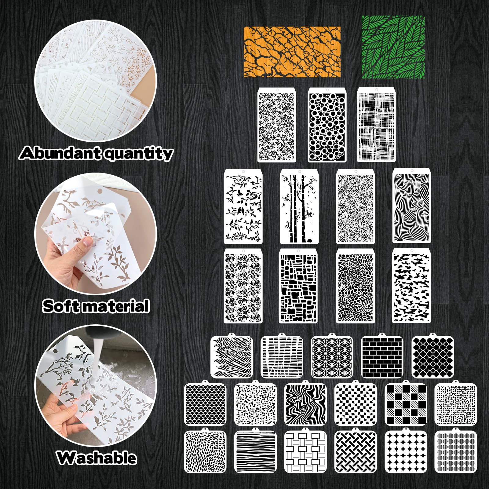 30 plantillas abstractas para pintar, plantillas reutilizables de medios mixtos con patrones geométricos de burbujas agrietadas, camuflaje, hojas de árbol, plantillas de manualidades para paredes,