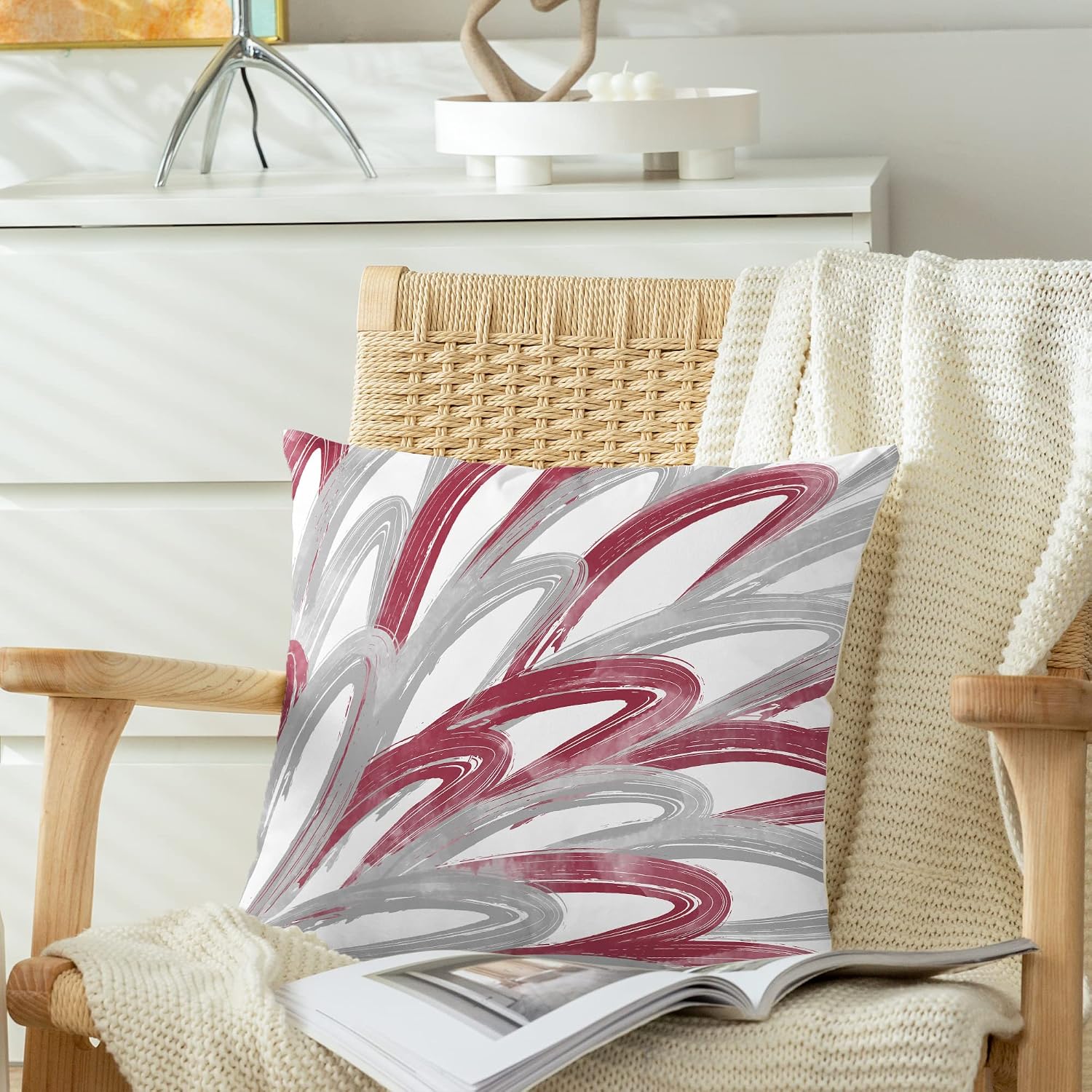 CaliTime Throw Pillow Cases Pack of 2 Cozy Fleece Two-Tone Abstract Feather Decorative Cushion Covers for Couch Bed Sofa Farmhouse Decoration 22 X 22 Inches Burgundy Grey
