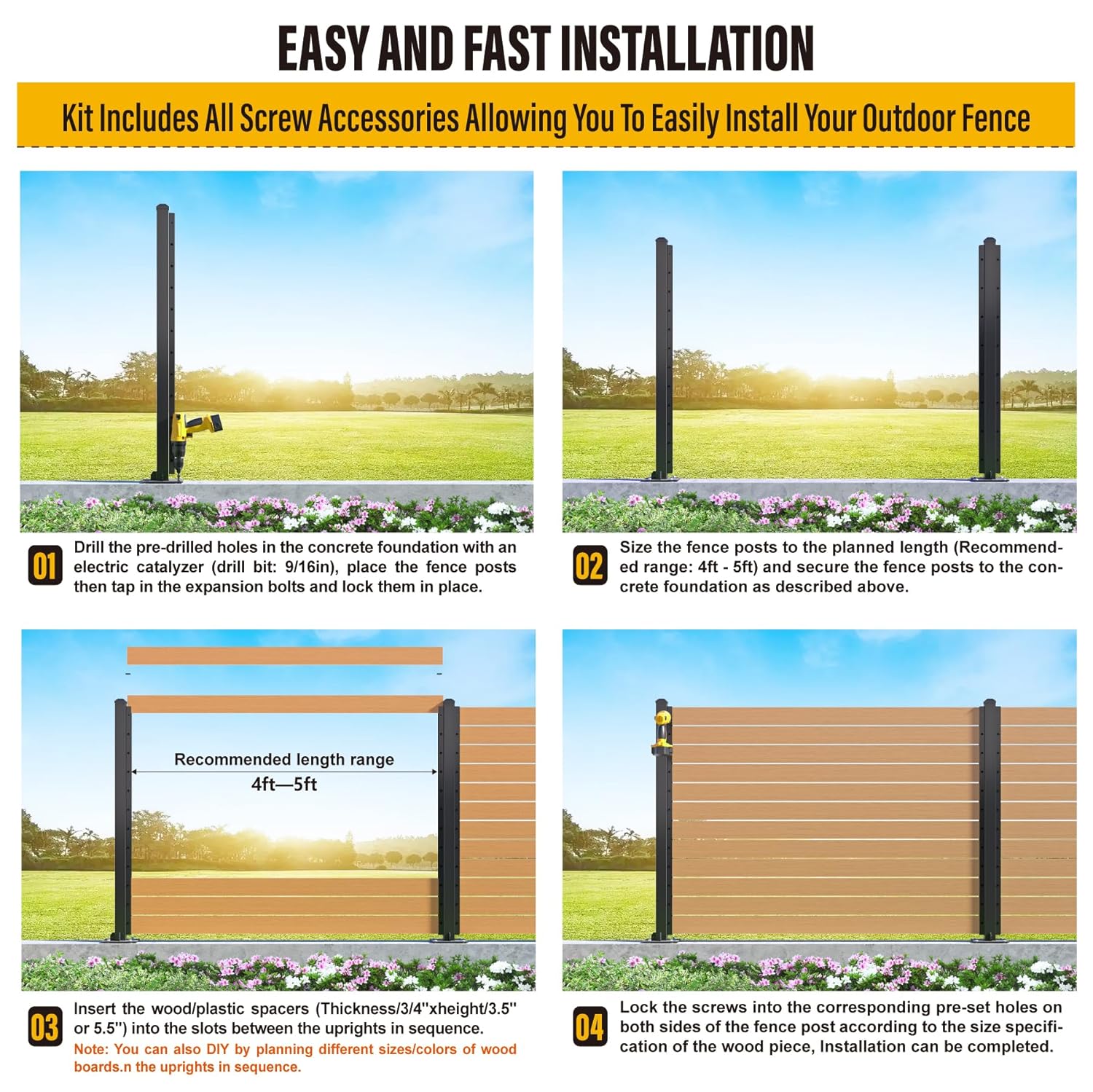 4ft (H/48in) Heavy Duty Fence Post - End Post for Outdoor Patio, Backyard and Garden Privacy Fence (2pack-Matte Black)