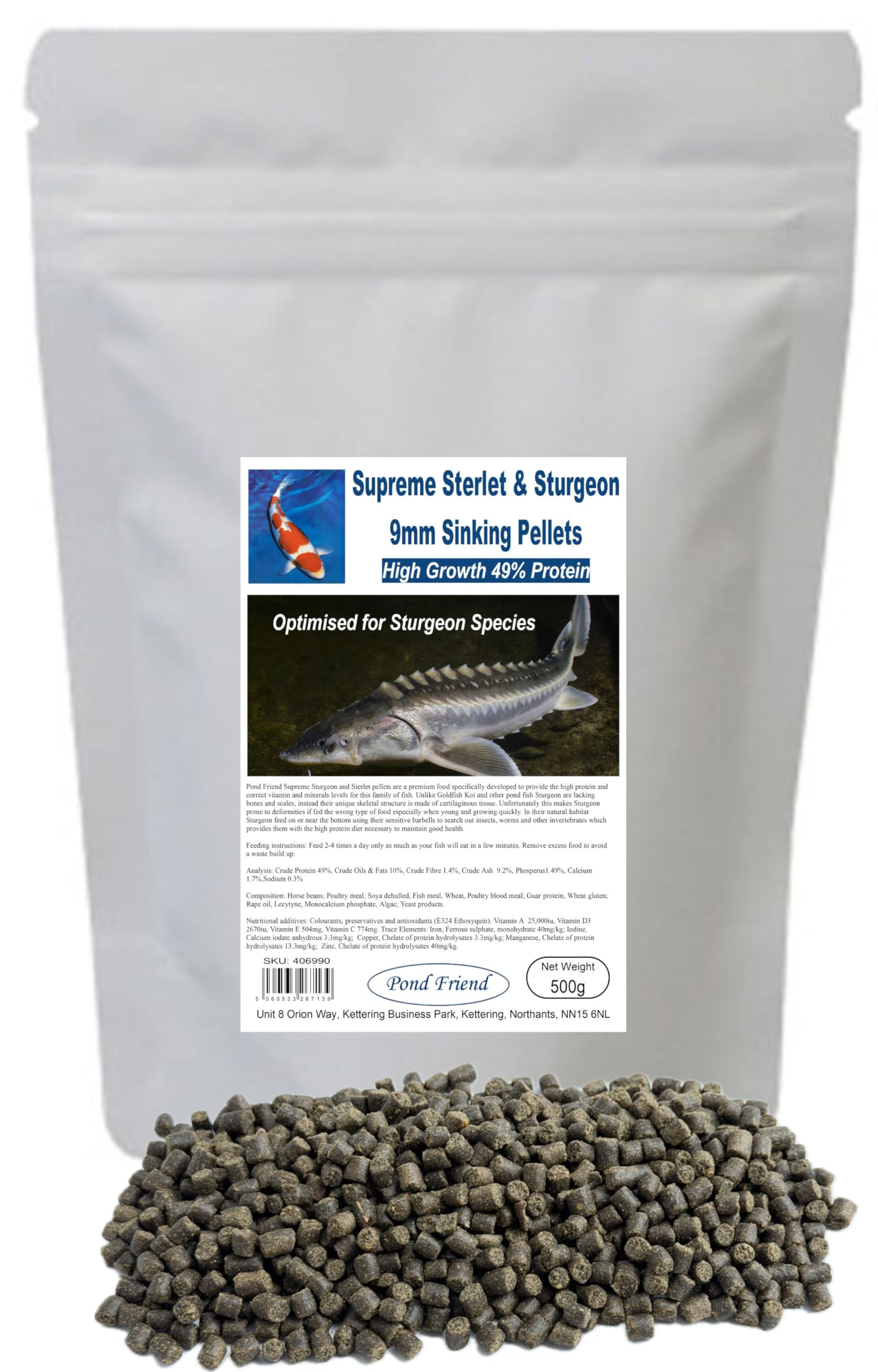 Pond Friend Supreme Sturgeon Pellets 9mm 500g - 49% High Protein Sinking Growth Food For Bottom Feeding Pond Fish
