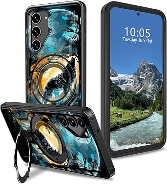 for Samsung Galaxy S23 Plus 6.6" Phone Case with Stand for Galaxy S23 Plus Case Wolf Howling Moon Theme Hybrid Dual Layer Shockproof Protective Cover for Samsung S23 Plus