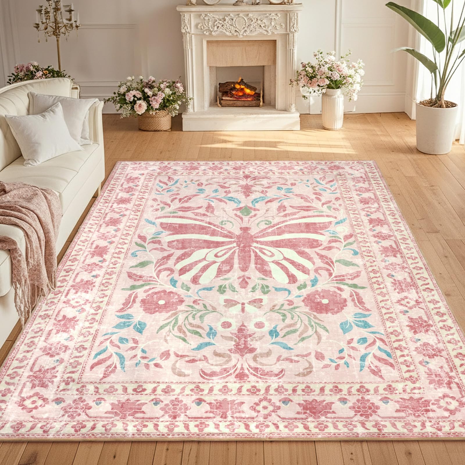 TUKDAK Vintage Teppich Wohnzimmer, Waschbarer Teppich Schlafzimmer, Boho Kurzflor Esszimmer Teppich Läufer Flur, Weich rutschfest Waschbar Kinder Teppiche für Küche Kinderzimmer