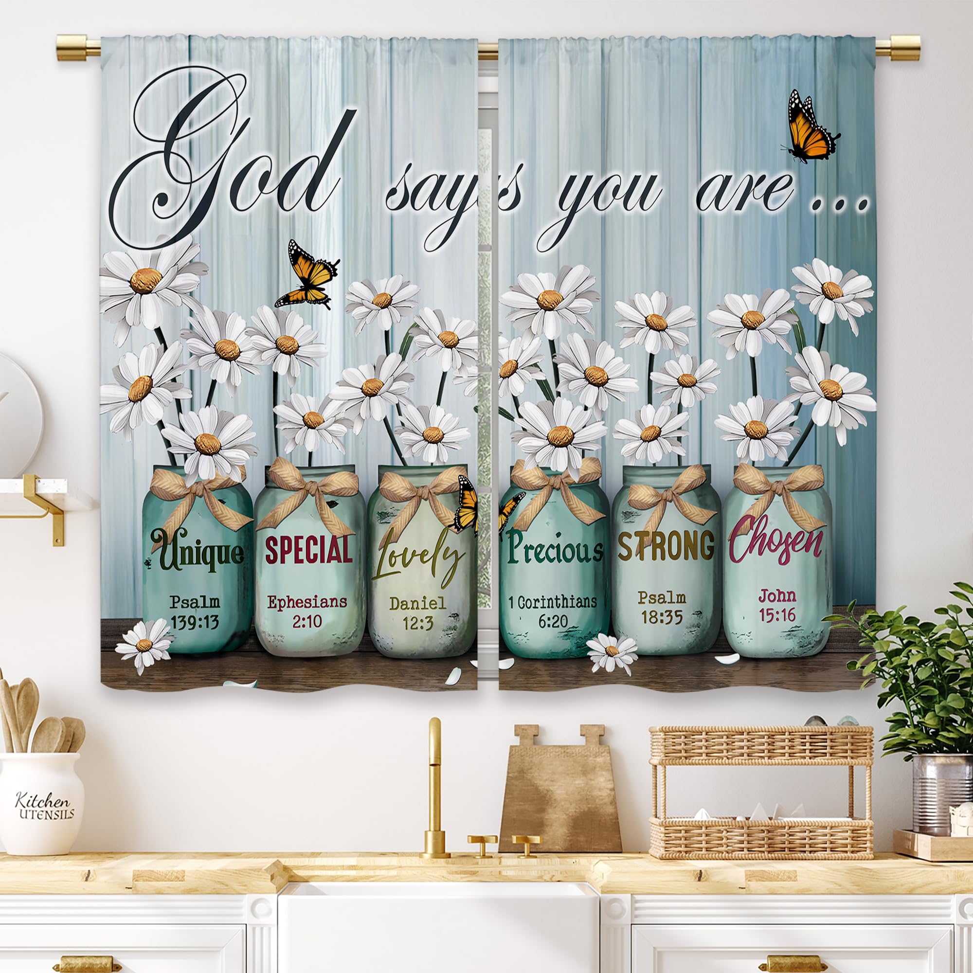 Laifzere Teal Daisy Farmhouse Floral Kitchen Curtains Rustic Flower Small Short Cafe Window Curtains Country Wooden Barn Inspirational Bathroom Window Drapes Treatment Tier Curtains (27.5x39 Inch) — image 1
