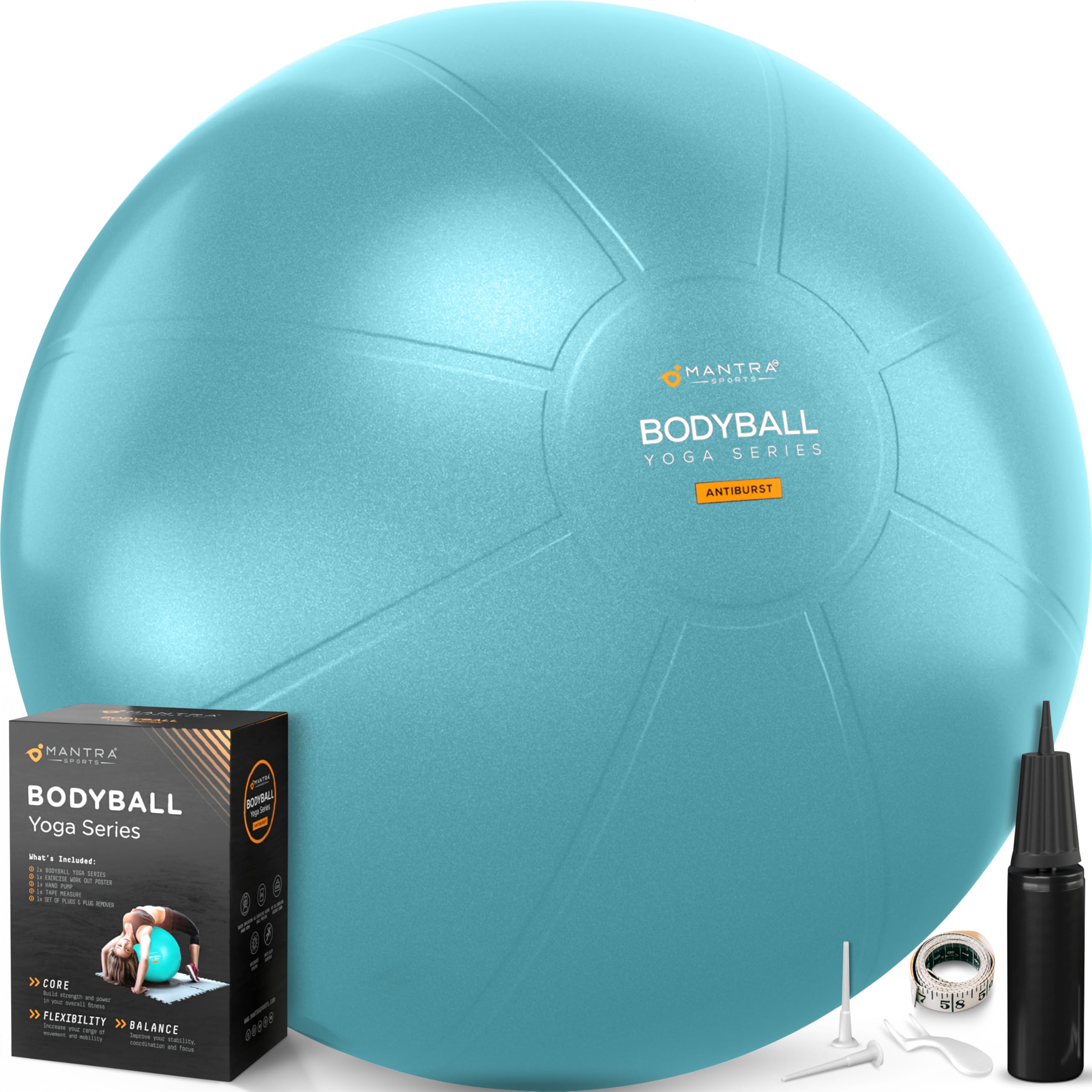 MANTRA SPORTS Exercise Ball – Birthing Ball Pregnancy Ball, Yoga Ball, Gym Ball Physio Ball - Anti-Burst Slow-Deflate, Non-Slip | Pump, Plugs and Measuring Tape included