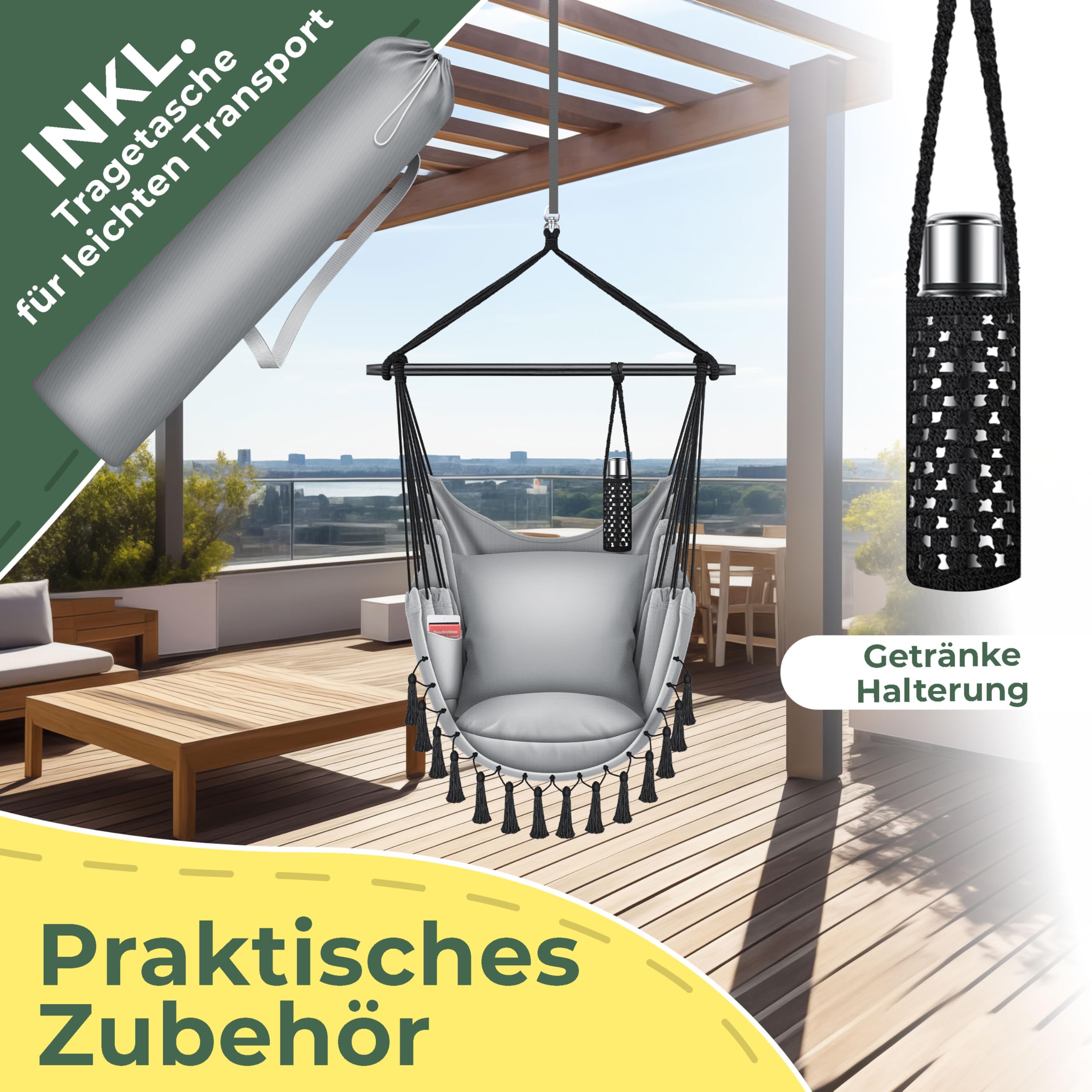 KESSER® Hängesessel Safari XXL Hängestuhl für Erwachsene & Kinder Hängematte bis 150 kg Hängesitz Aufhängung Indoor-Outdoor-Wohnen Inkl. Tragetasche, 2 Kissen, Getränkehalter & Bücherfach, Grau