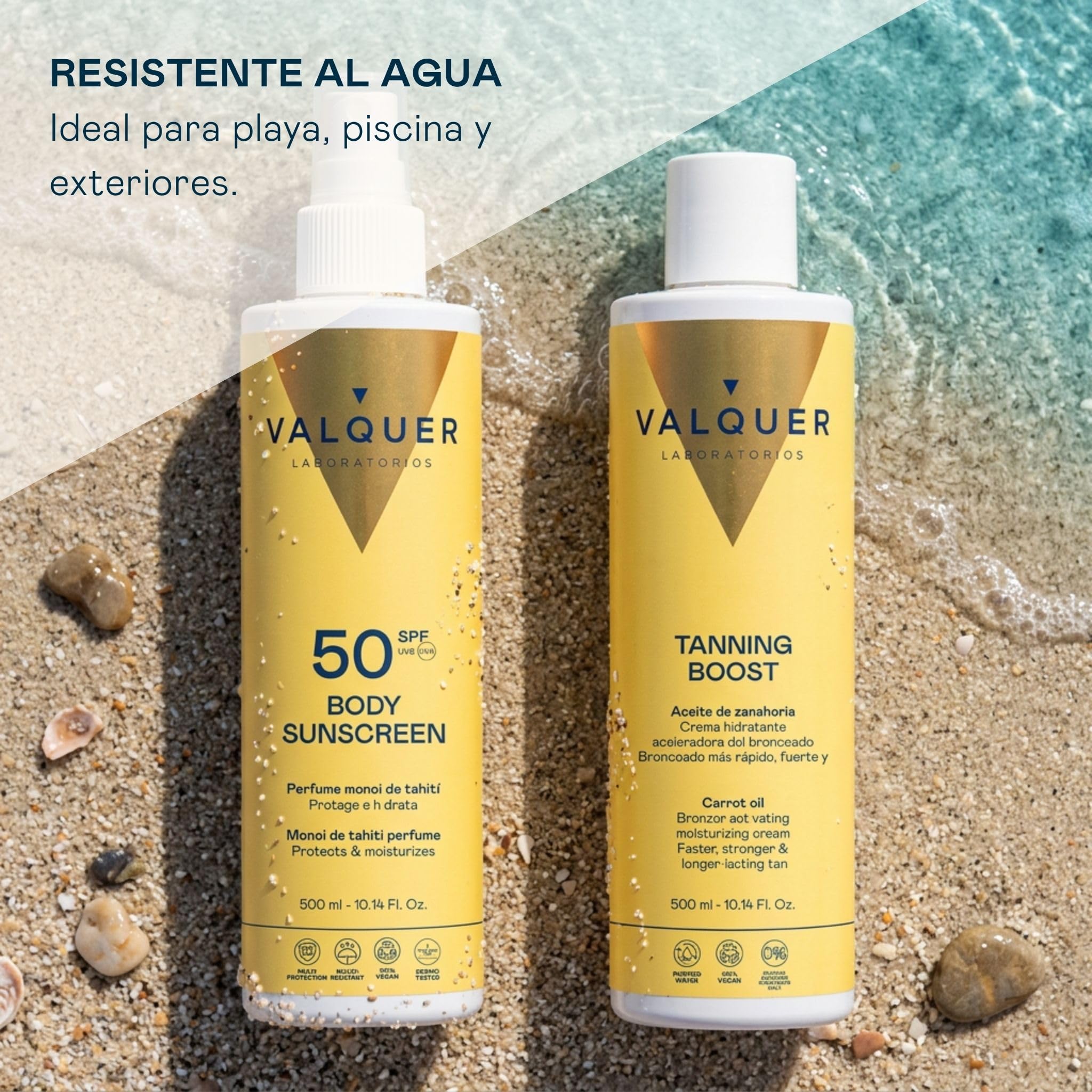 Valquer Pack Solar Corporal Protector 300 ml y Crema Aceleradora 300 ml | Protección SPF 50 Proporciona una Piel Bronceada, Hidratada y Suave | Aroma Monoi de Tahití | Vegano