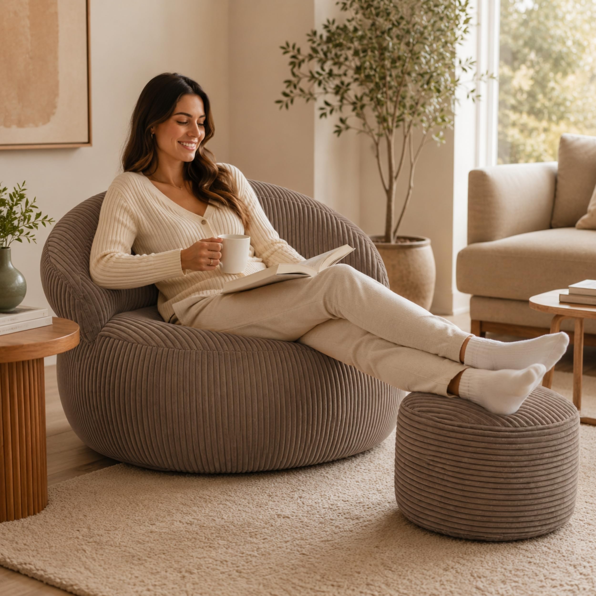 bananair – Puff Sillón para Salón y Dormitorio en Pana con Reposapiés - Puff Sillón XXL Suave - Funda Lavable - Ideal para Salón y Dormitorio, Adultos y Adolescentes (110 × 100 cm, Marrón)