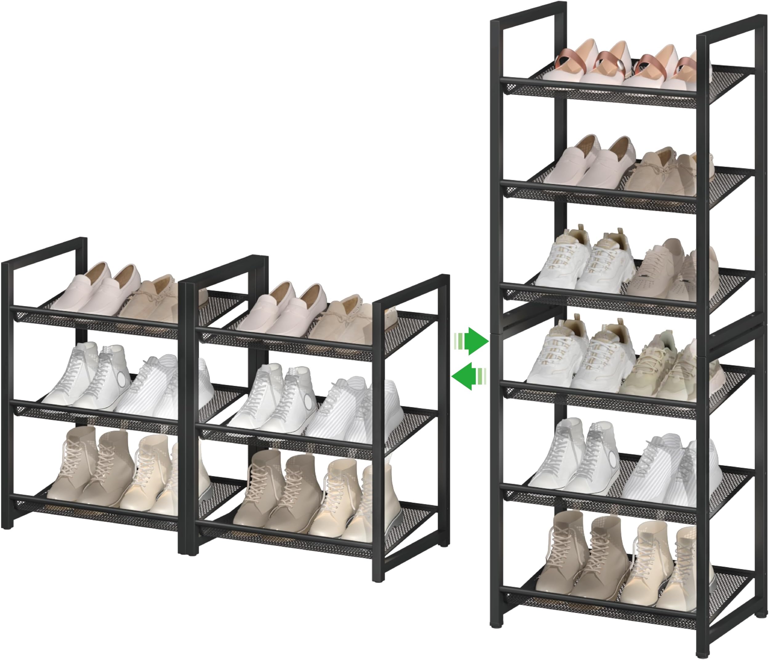 6 Tier Tall Shoe Rack Organizer, Stackable Shoe Storage Shelf with Fine Mesh and Raised Edges, Metal Shoe Rack with Adjustable Metal Shelf，for Entryway, Bedroom, Closet, Living room, Black