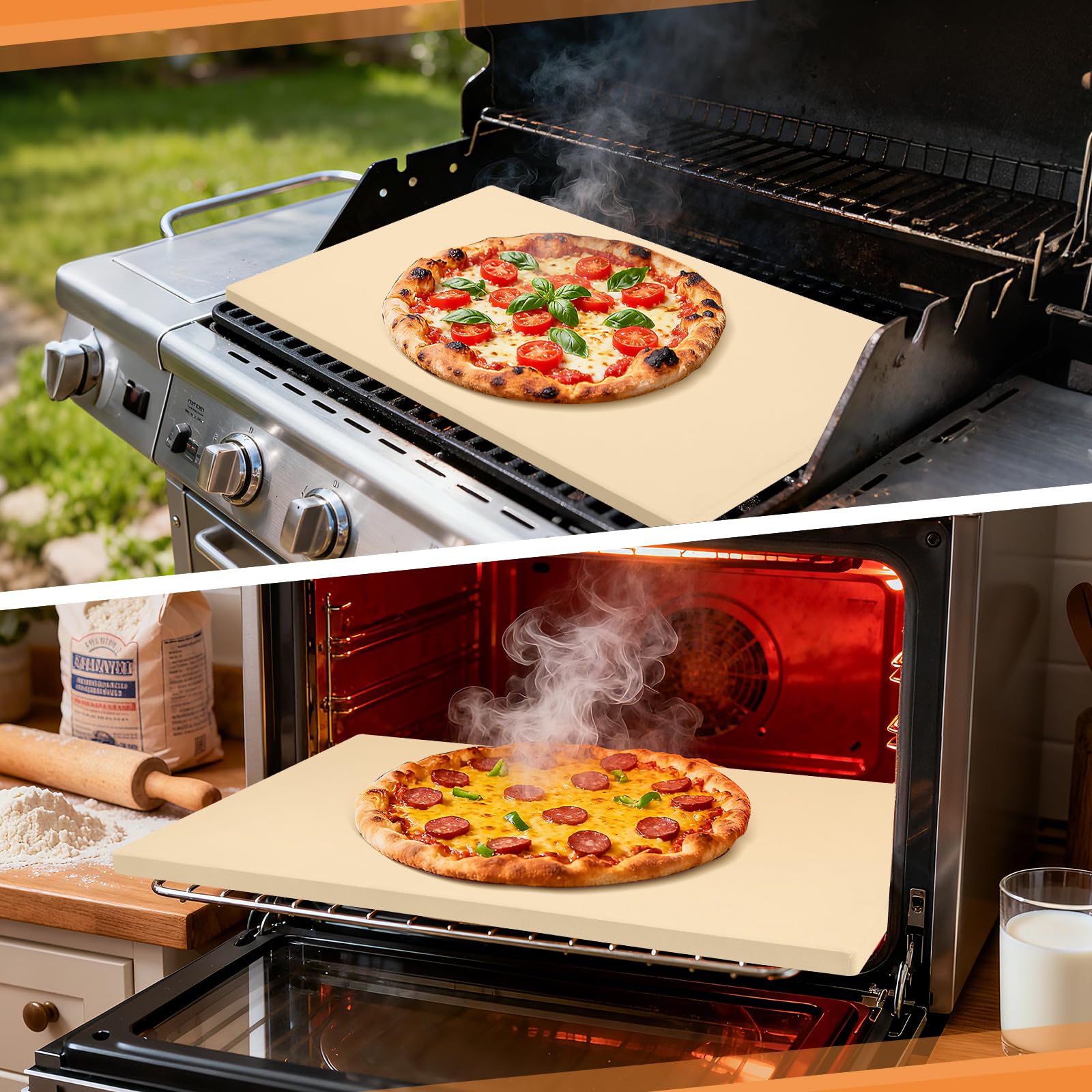 Piedra para pizza, 50,8 x 34,3 cm, piedra rectangular grande para pizza para horno y parrilla, piedra de cocina resistente que incluye raspador de plástico, cepillo de silicona, piedra para