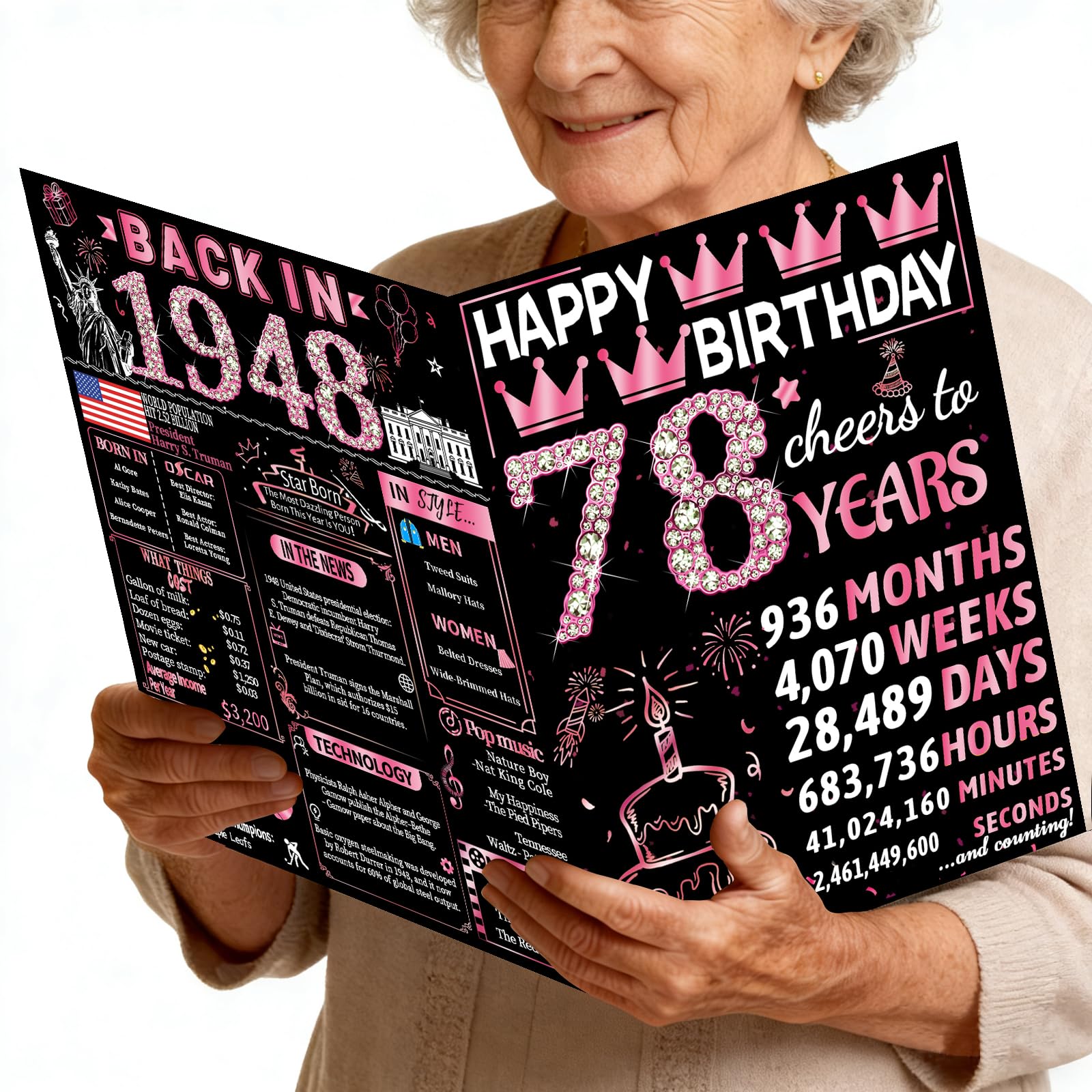 Joycard 78th Jumbo Birthday Card with Envelope, 78th Birthday Decorations for Women, 78th Birthday Gifts for Grandma, Happy Birthday Cards for 78 Year Old Mother, Back in 1948