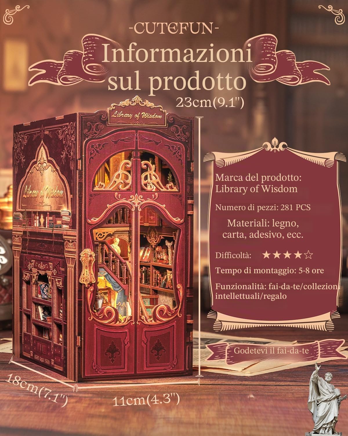 Cutefun DIY Book Nook - Kit per casa delle bambole in miniatura 3D, in legno, per libreria, con inserto per libreria, modello di costruzione, kit regalo creativo con luce (Library of Wisdom)