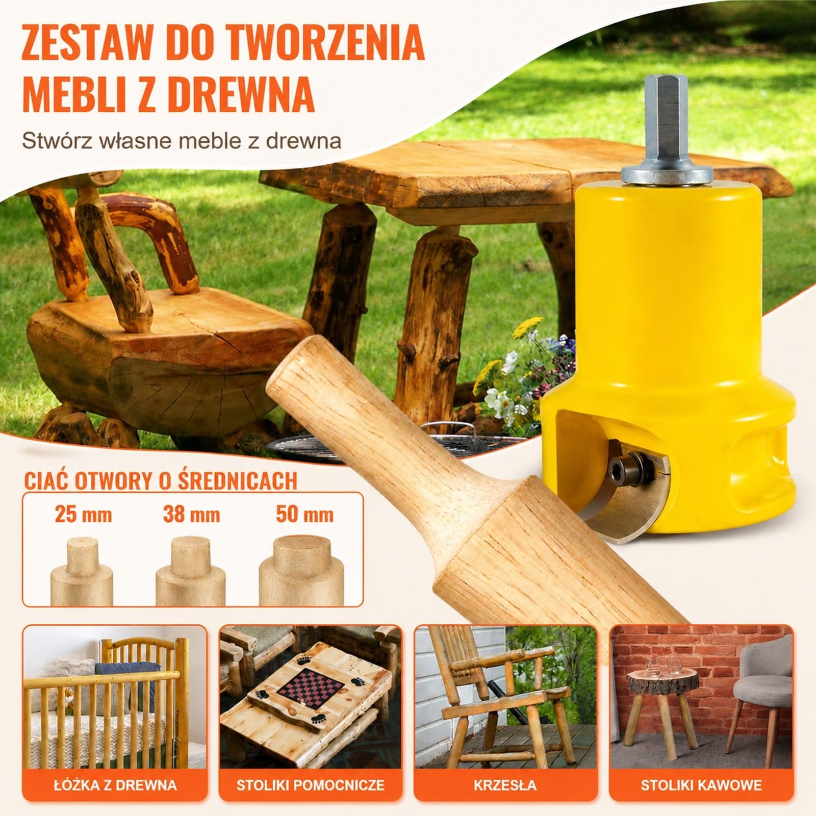 Frez czopowy z wiertłami Forstnera, żółte aluminium i stal, 6 zakrzywionych ostrzy, do łóż belek balustrad ogrodzeń stołów