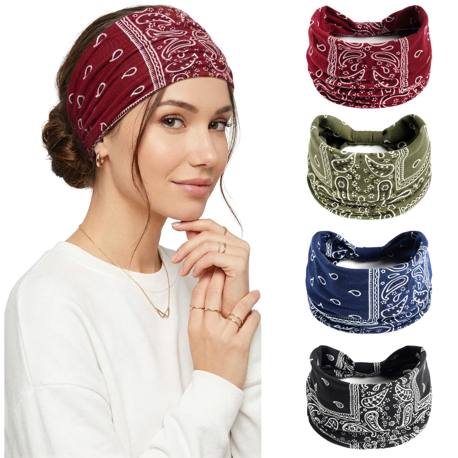 Dresyu Boho Headbands for Women Vintage Paisley Wide Hairbands Large African Headwrap Elastic Non Slip Workout Sports Yoga Head Band Knotted Hair Accessories 4 Pack-image-0
