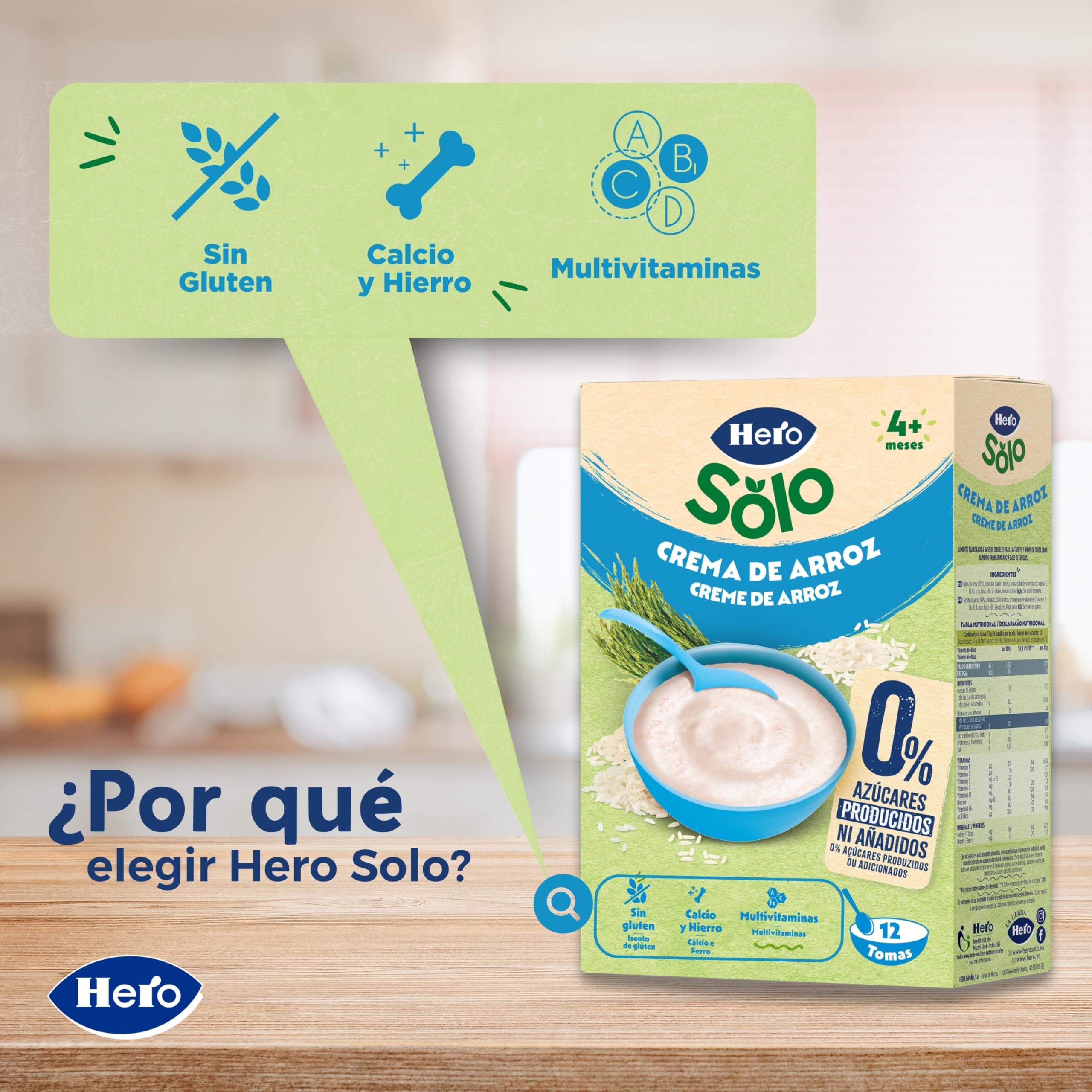 Hero Solo Papilla Crema de Arroz, Sin Gluten, Rica en Fibras y Vitaminas, Sabor Natural para Bebés, a partir de 4 meses, Pack x 6 units x 220 g